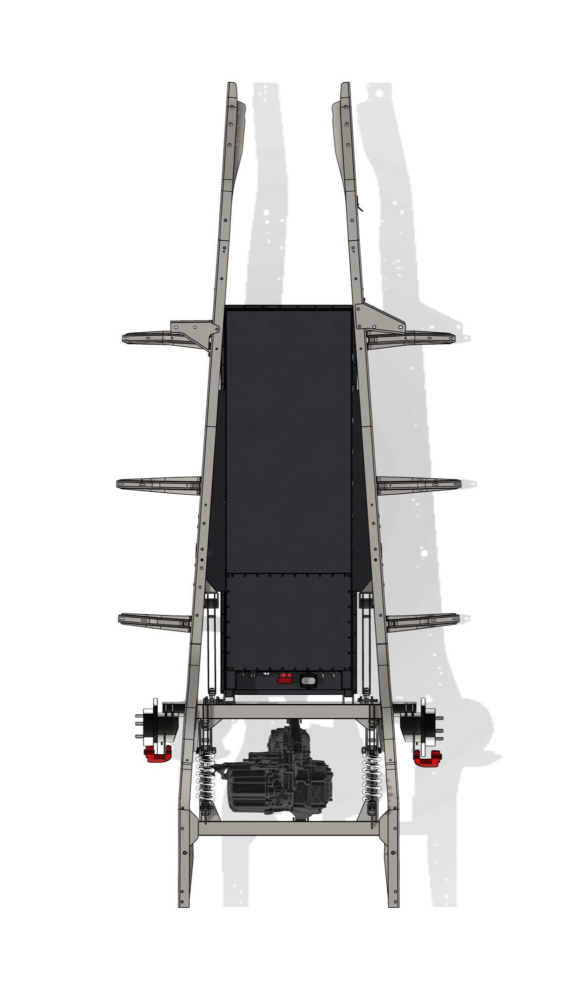 A detailed view of a metallic robotic or mechanical structure with multiple levels and components, including springs and wheels at the bottom, and several platforms and arms extending from the sides.