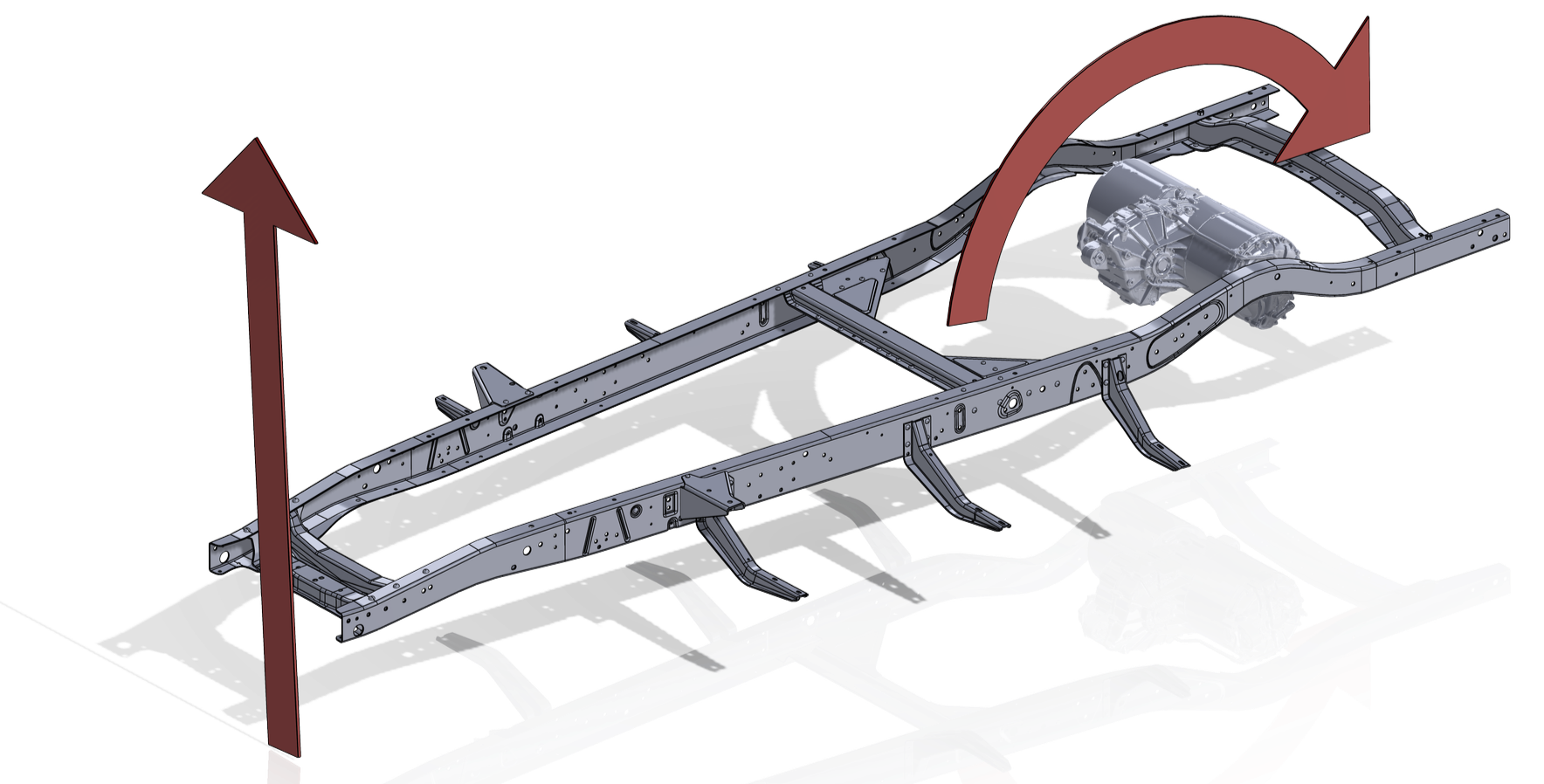 Diagram of a vehicle chassis highlighting the suspension and drivetrain components, with curved arrows indicating the movement of the chassis.