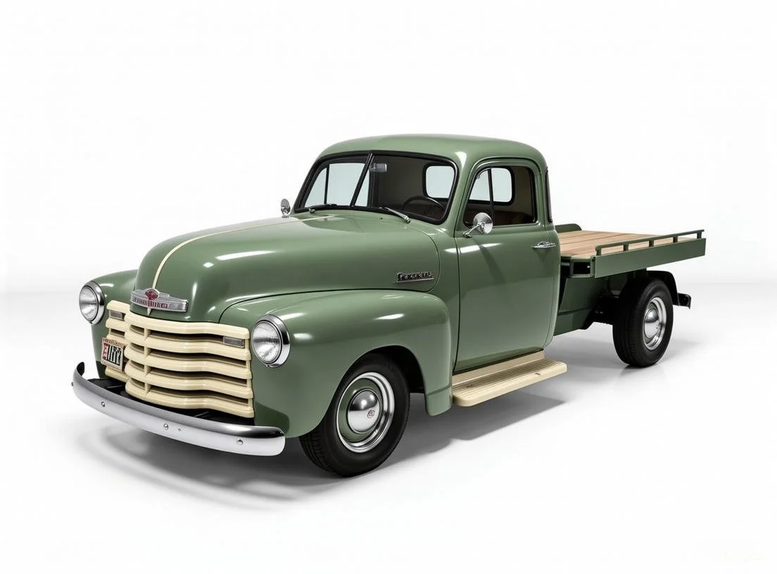 A vintage green pickup truck with a wooden flatbed.