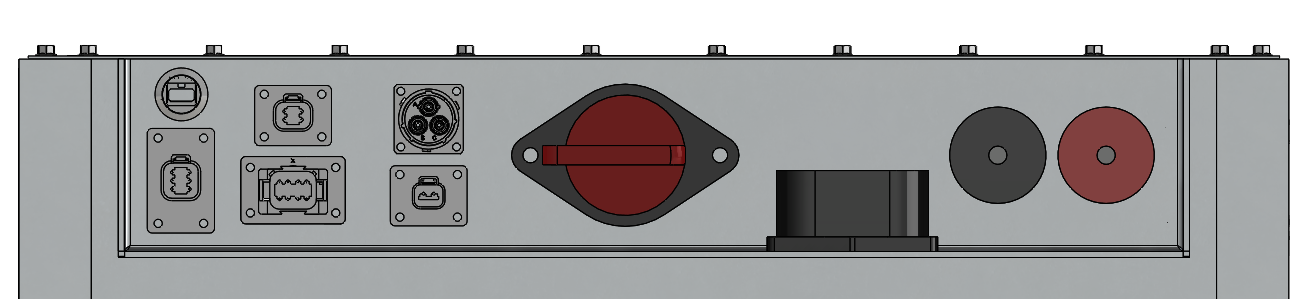 Back panel of electronic equipment with various ports, connectors, and power outlets.