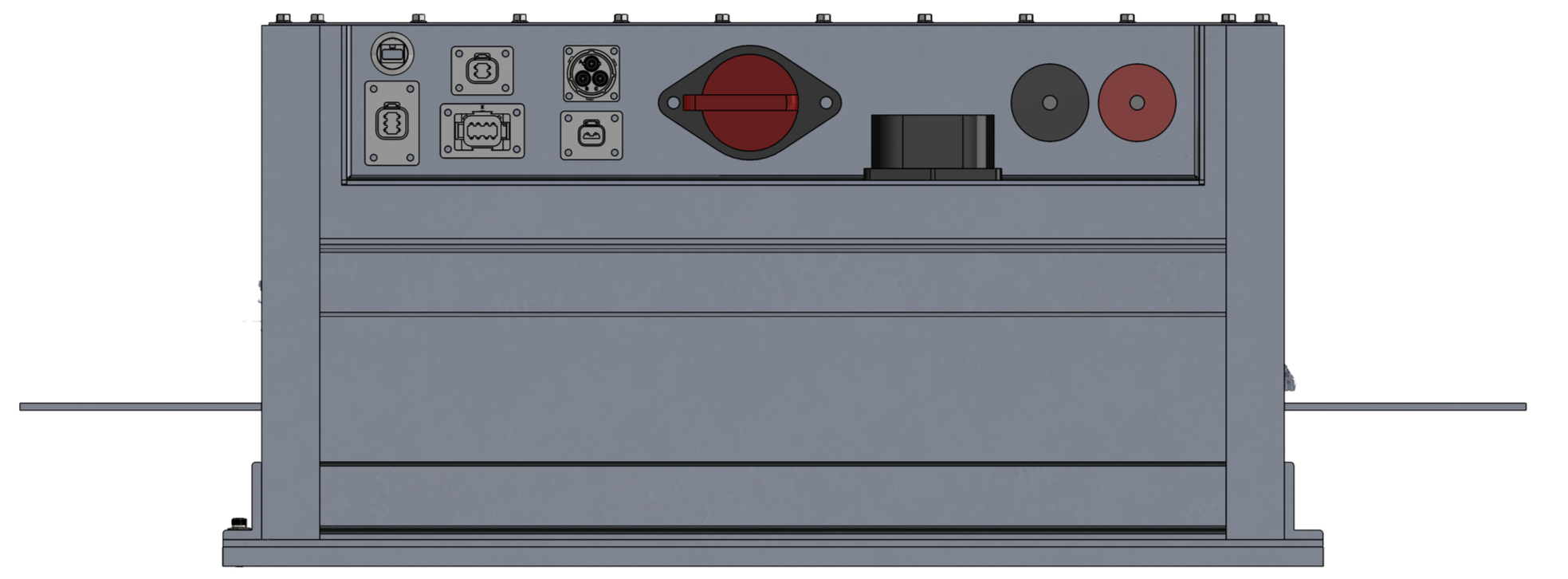 Front view of an industrial machine with various electrical outlets, switches, and connectors, including a large red emergency stop button.