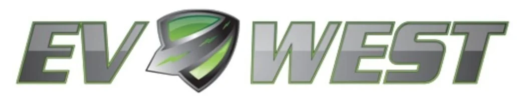 Logo with the text 'EV WEST' and a shield-like emblem in black and green.