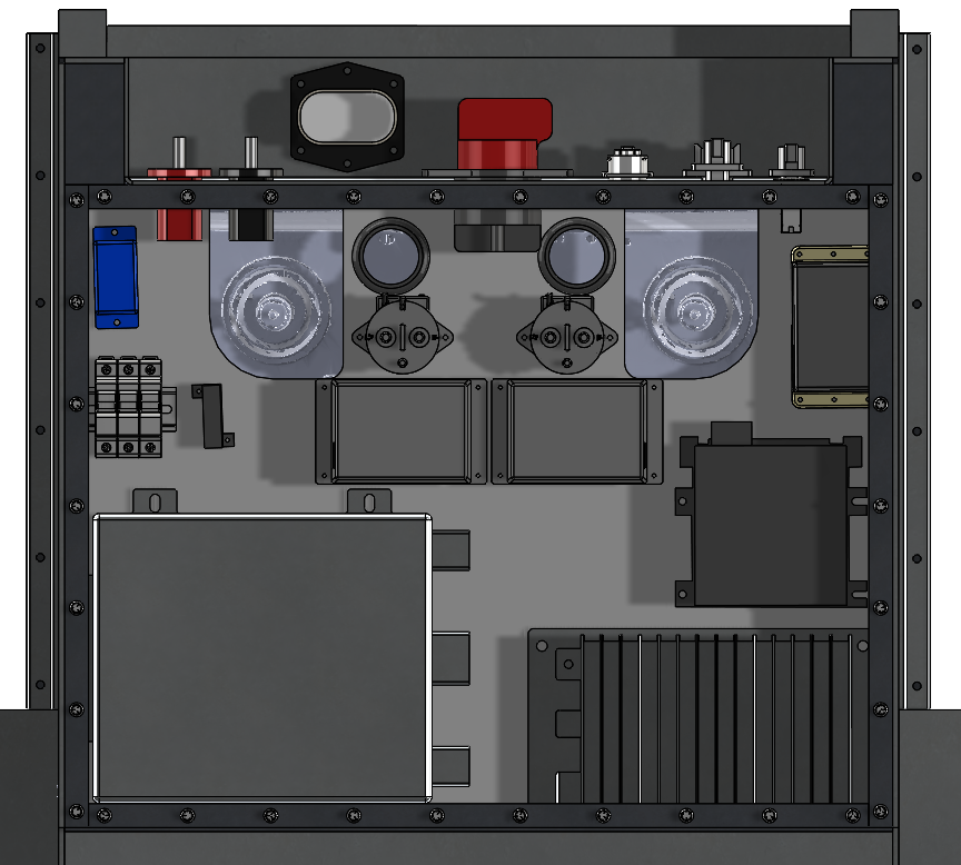 Top view of electronic or mechanical equipment with various components, including circular gauges, electrical connectors, and circuit boards.