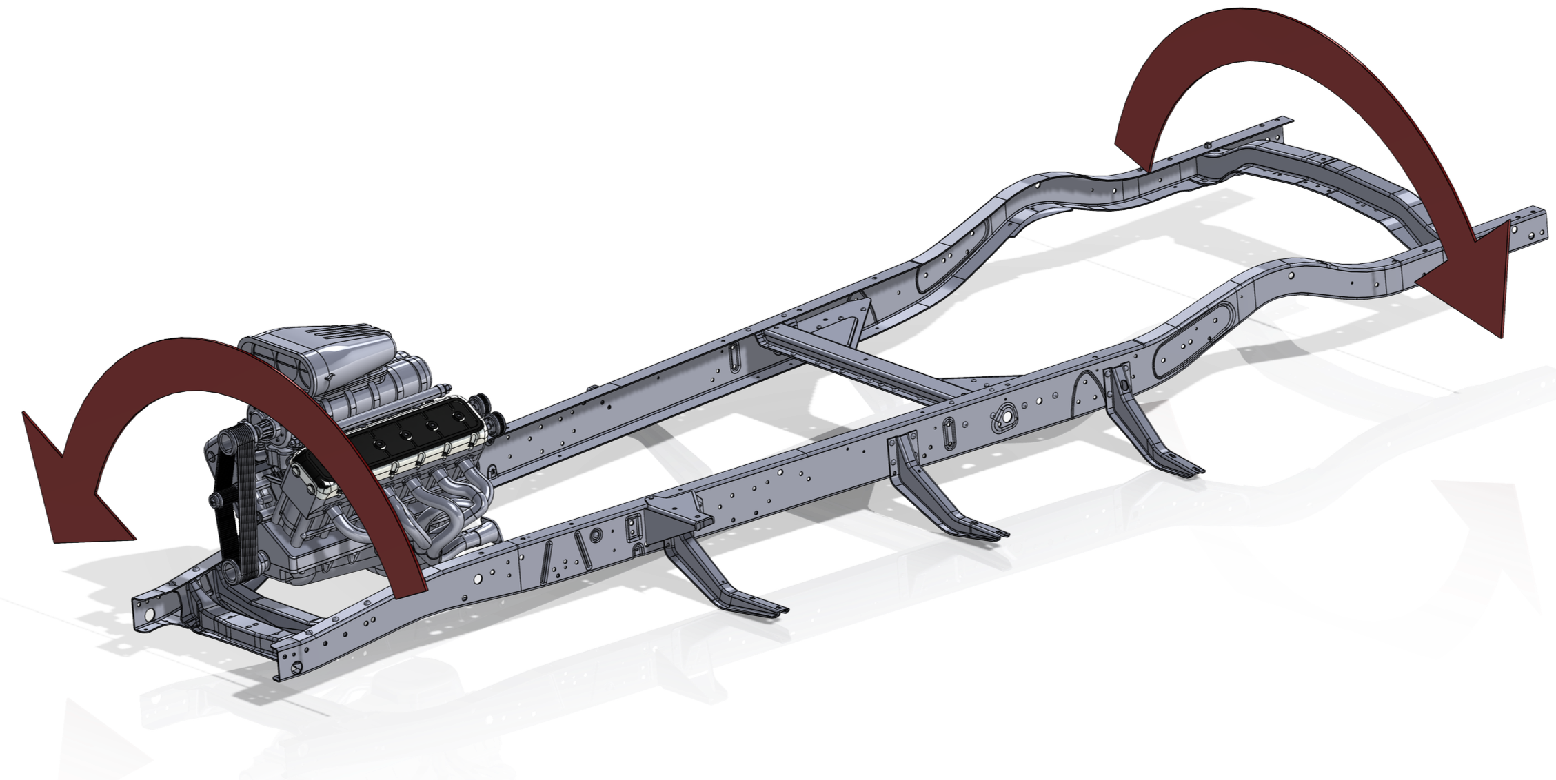 Diagram of a chassis with an engine mounted at the front, showing the frame structure and arrow indicating the direction of rotation of the front section.