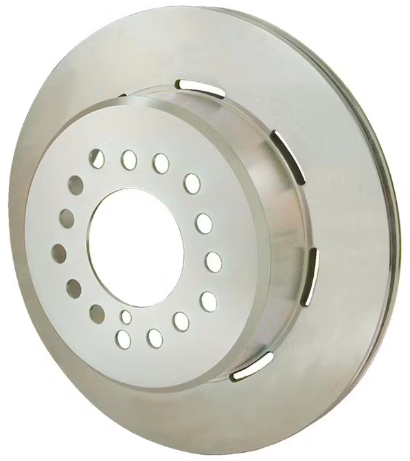 A metallic disc brake rotor with multiple holes and slots for cooling and mounting.