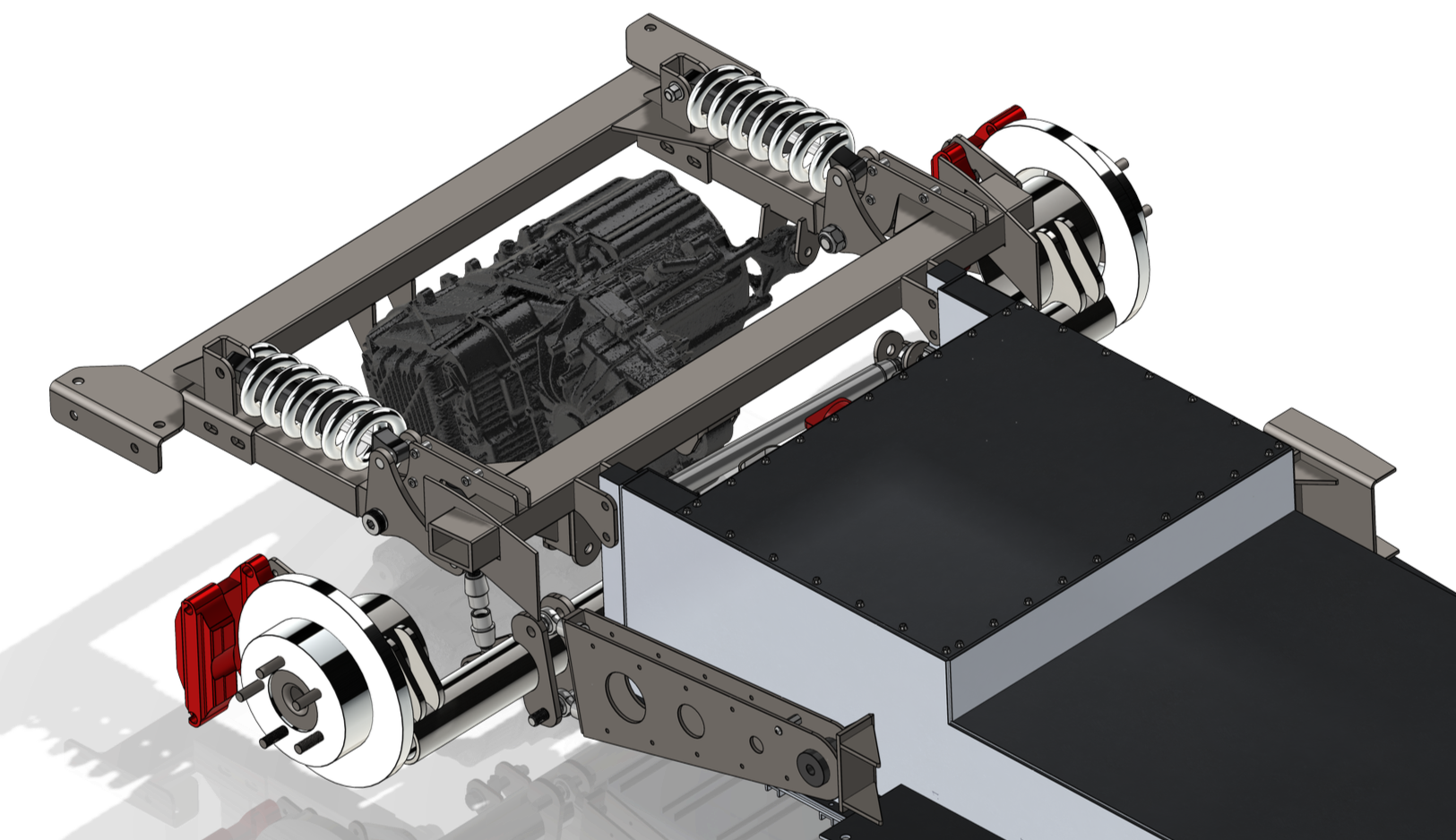 A detailed 3D rendering of a robotic chassis with a motor, suspension springs, and various mechanical components.