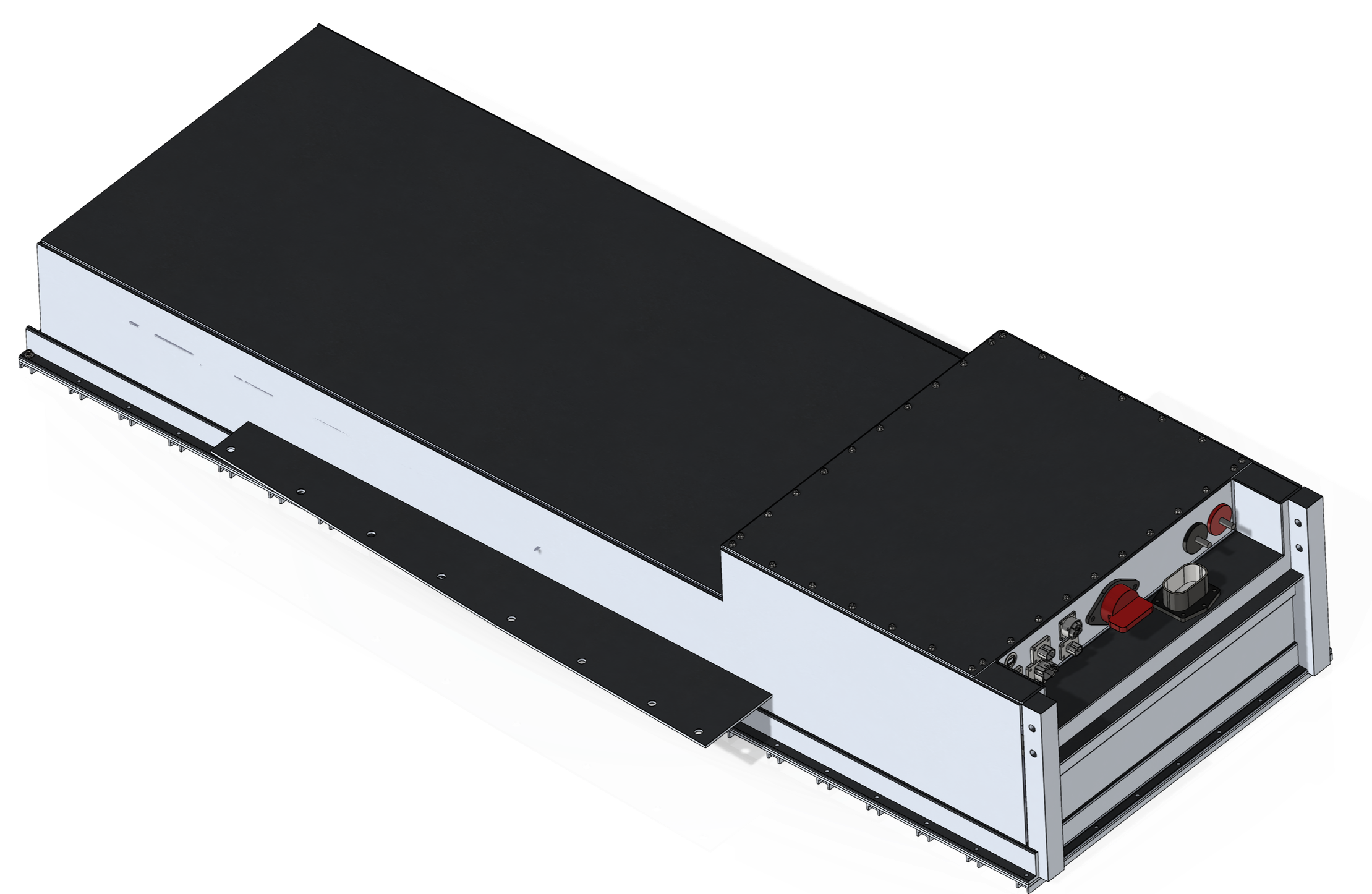 Isometric illustration of a laser cutting machine with a black top and control panel with red and black switches.