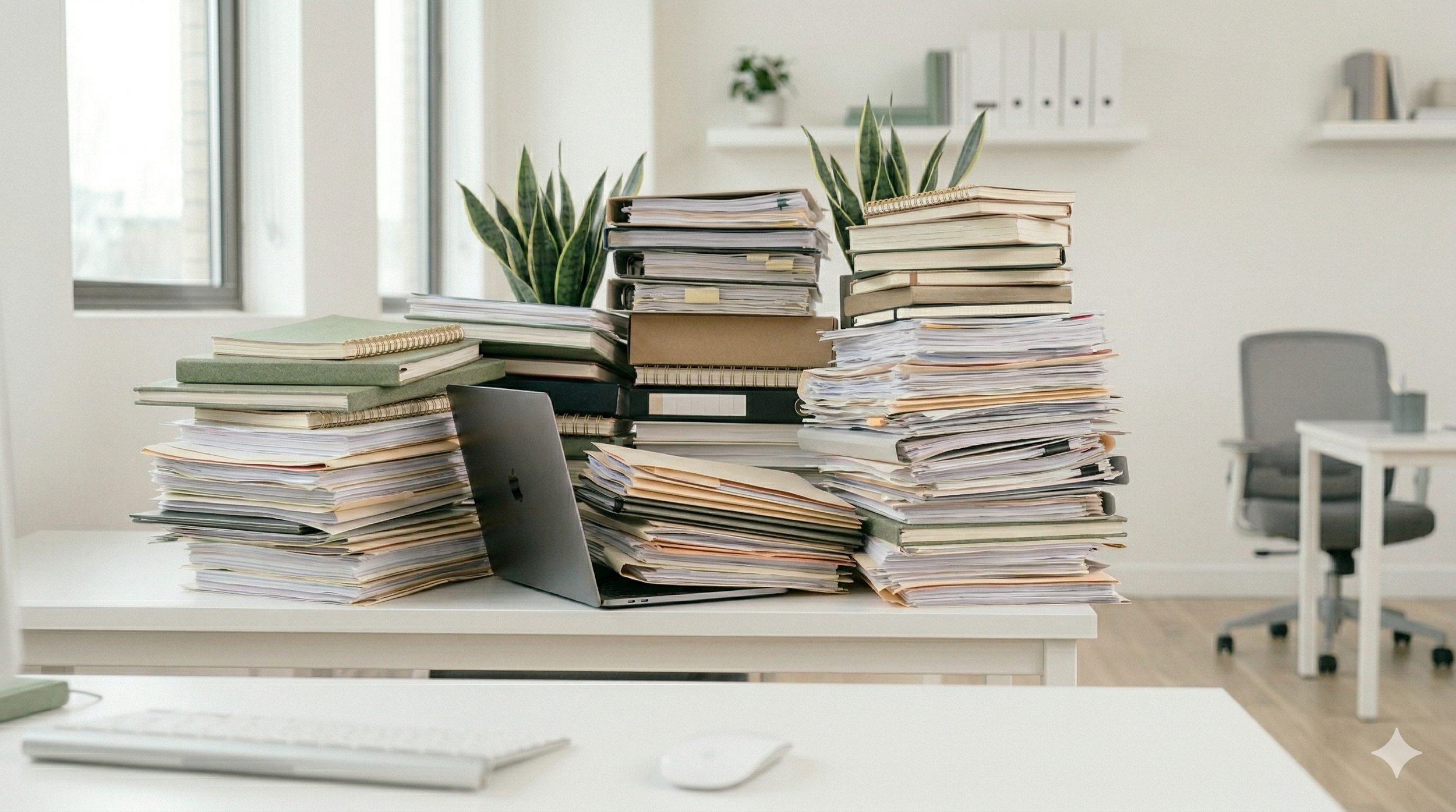 Overloaded office desk with stacked paperwork and laptop representing employee workload during parental leave coverage