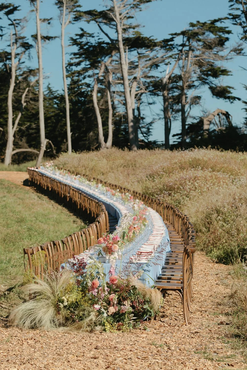 Long outdoor king table set for a wedding reception featuring sky blue linens, decorated with pink and white flowers, in a natural outdoor setting with tall trees and blue sky at sea ranch.