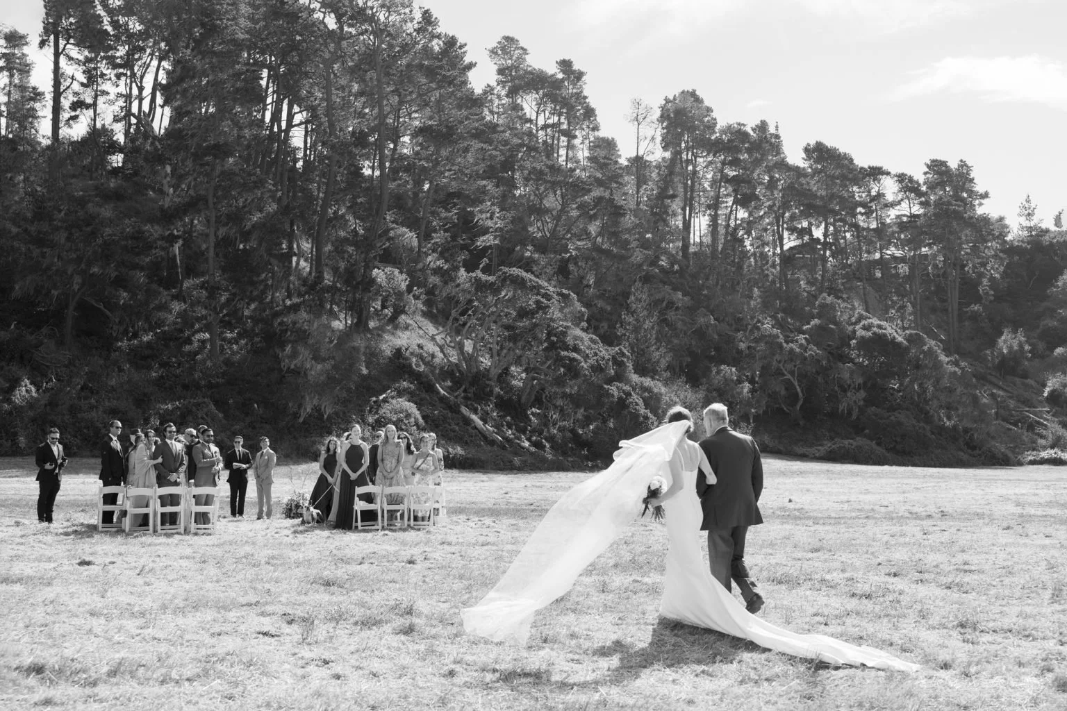 A bride in a wedding dress walking with her father across a grassy field at the fiscillini ranch preserve in Cambria, with a group of formally dressed guests standing and sitting nearby, set against a backdrop of tall trees and a hillside.