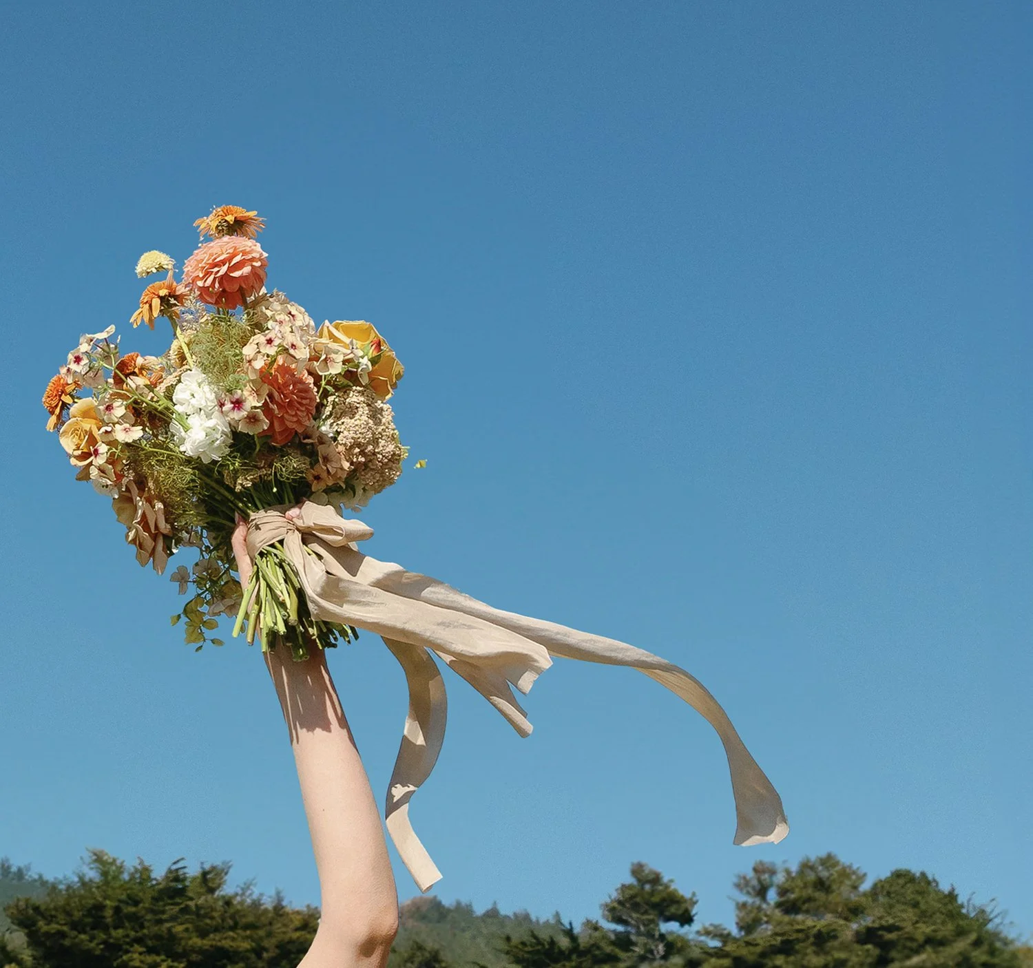 A hand holding a bouquet of colorful flowers against a blue sky with trees in the background.