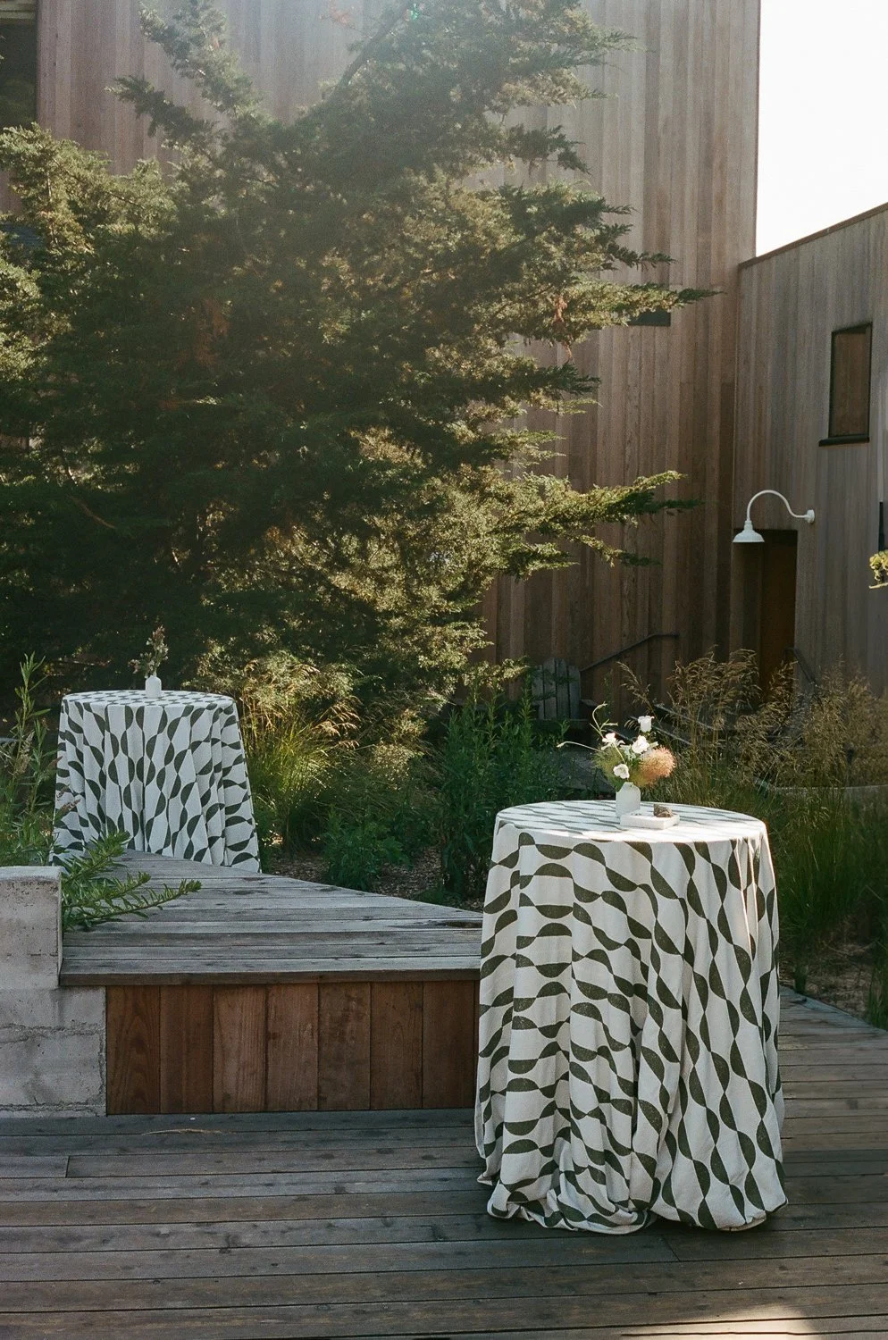 Green Patterned linens on the tables at sea ranch lodge