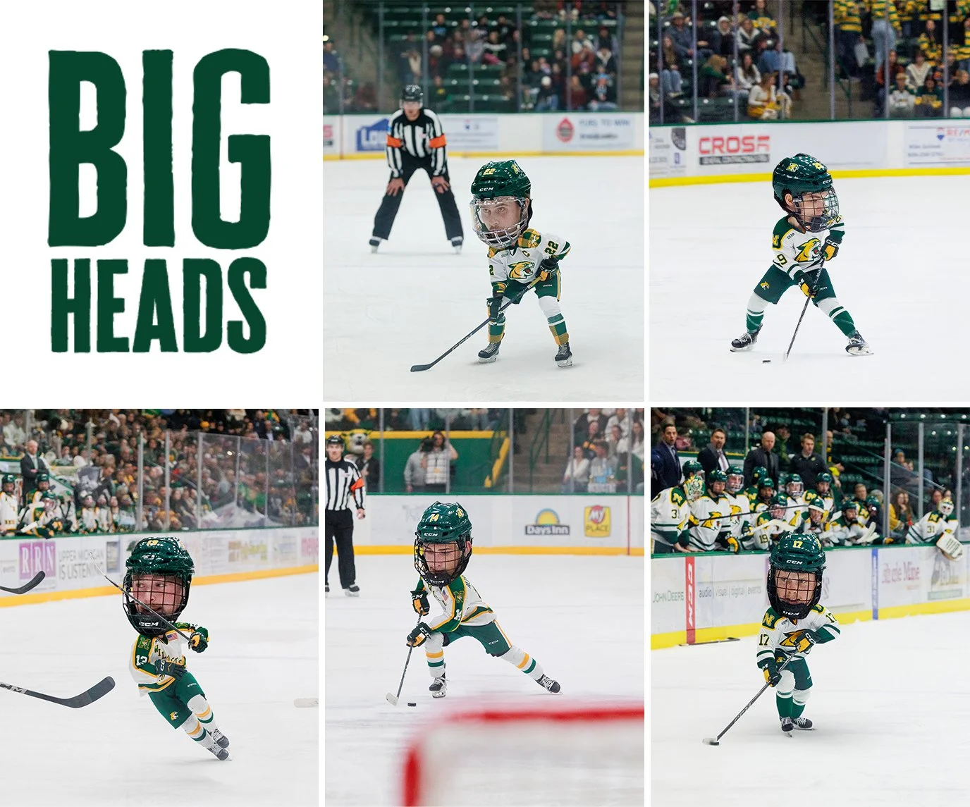 A collage of photos from a hockey game featuring young players with big heads, in green and white uniforms, playing on the ice. The collage includes images of players skating, handling the puck, and a team on the bench, with a crowd in the background