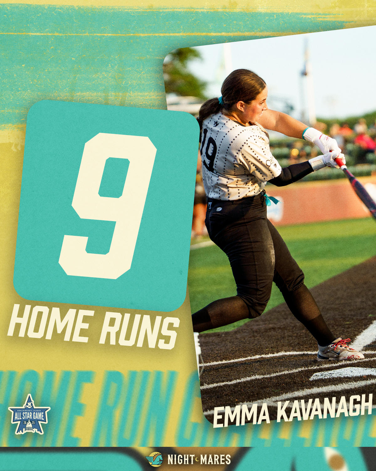 Sports trading card of Emma Kavanagh, a female baseball or softball player, hitting a home run during a game in the evening, with a large blue number nine and the words 'Home Runs' on the card.