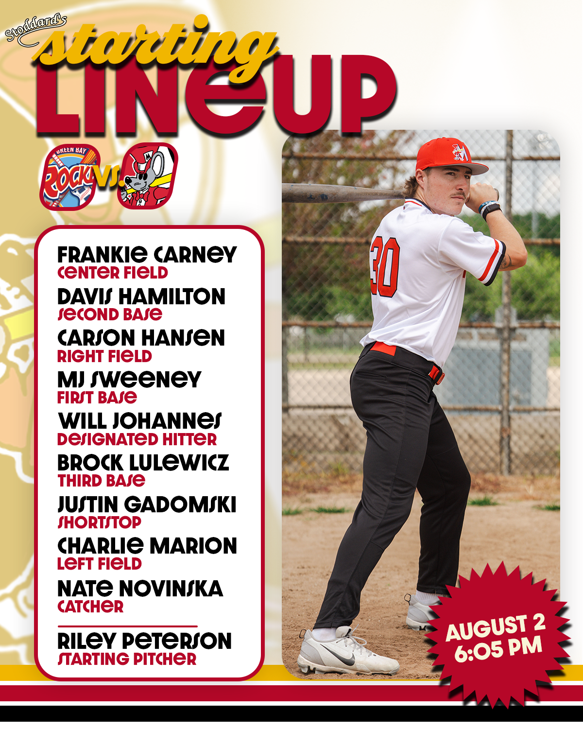 A young man in a white baseball uniform with red and black accents, numbered 20, stands with a bat on a baseball field, wearing a red cap.