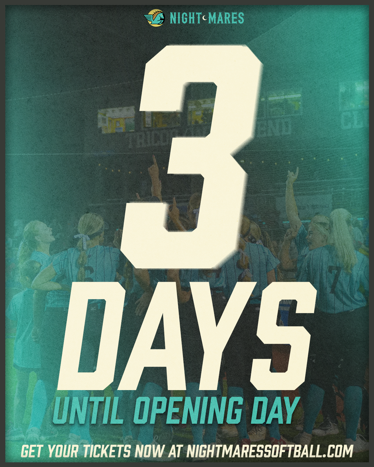 A countdown graphic with the number 3 overlaid on a background of people wearing sports uniforms at a softball game, with the text "Nightmares" and information about tickets.