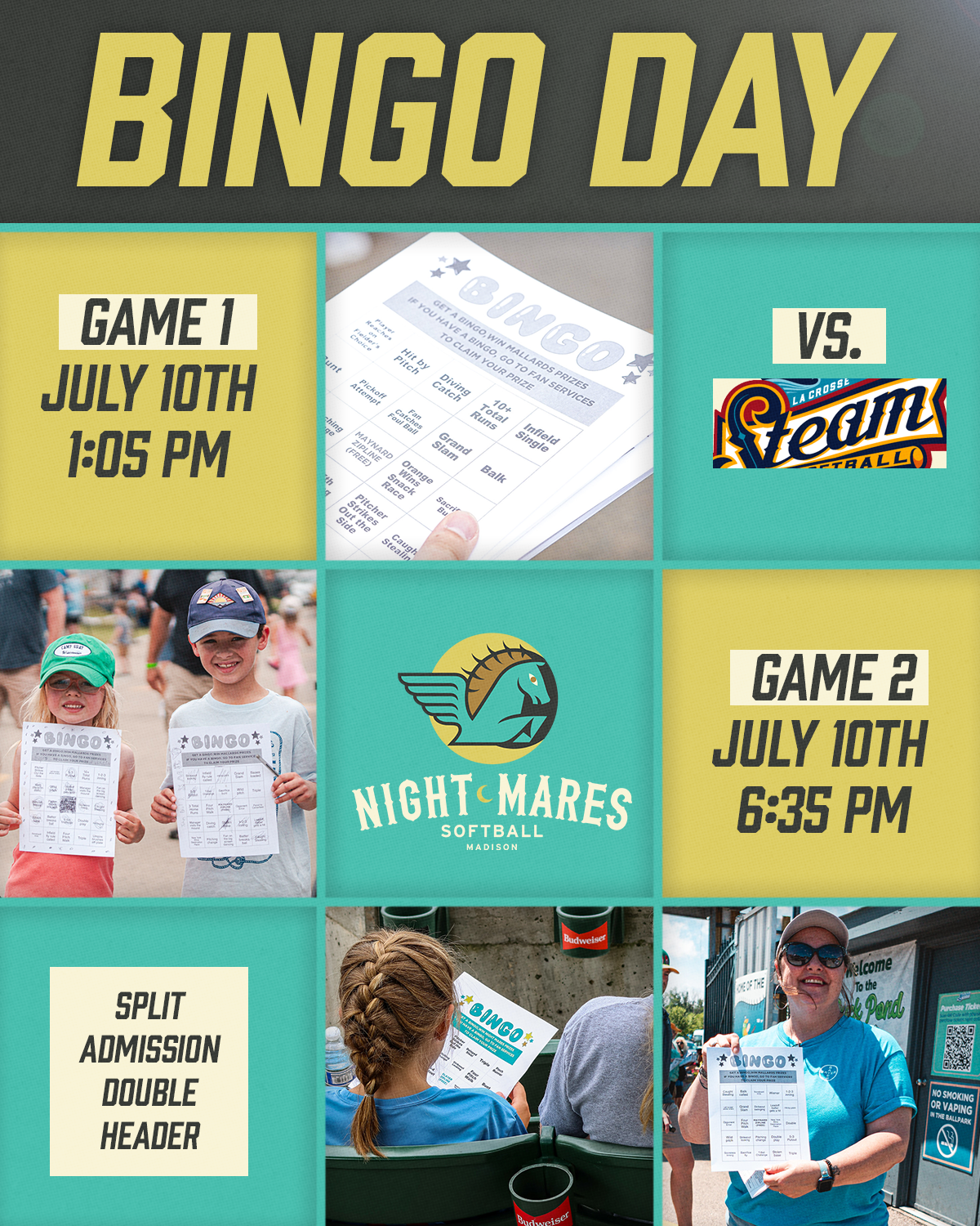 Poster for BINGO DAY event featuring two games, with dates July 10th at 1:05 PM and 6:35 PM, presented by Night Mares Softball Madison. The poster includes images of people holding bingo cards, a close-up of a bingo sheet, and the Night Mares logo. A
