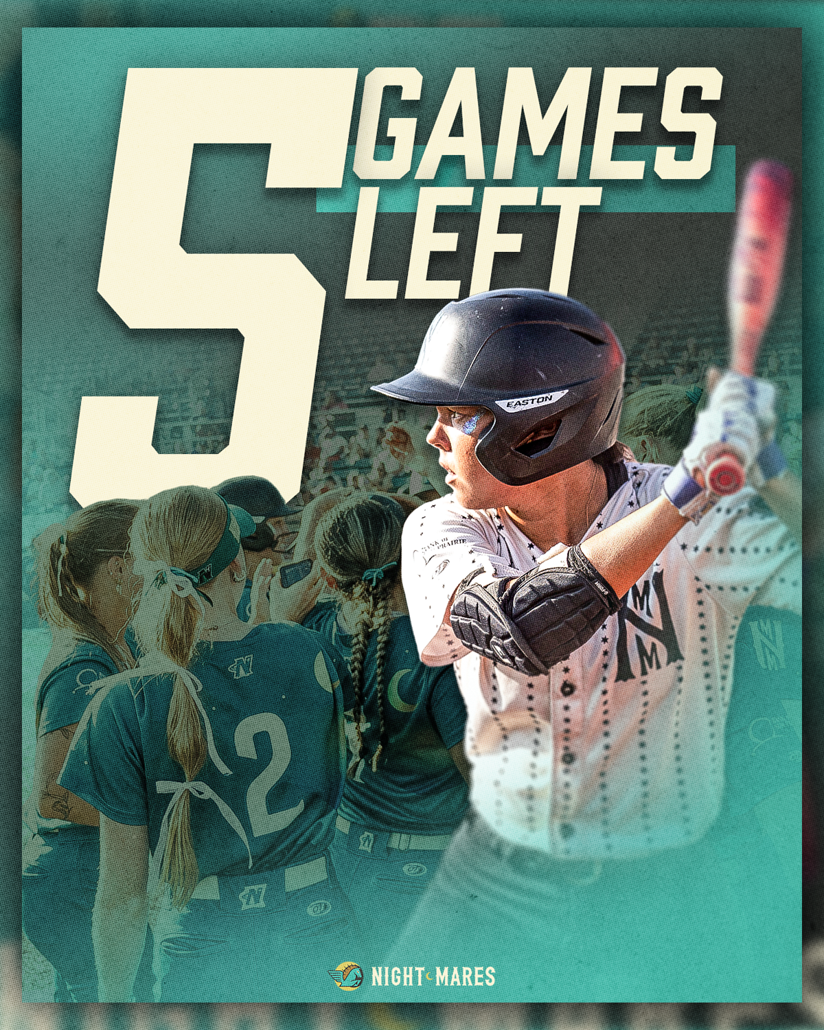 Cover of the book "Games Left" by Nightmares featuring a young girl in a baseball helmet and gloves, holding a baseball bat, with other girls in sports uniforms in the background.