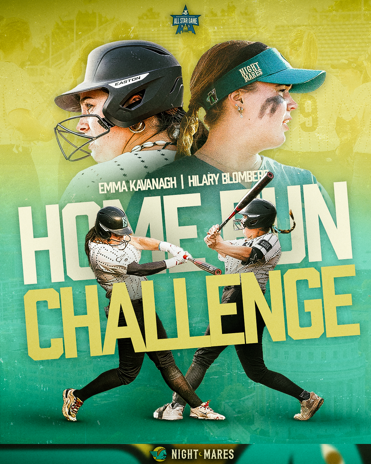 Poster for the Home Run Challenge featuring Emma Kavanagh and Hilary Blomber, with images of them playing baseball wearing helmets and uniforms.