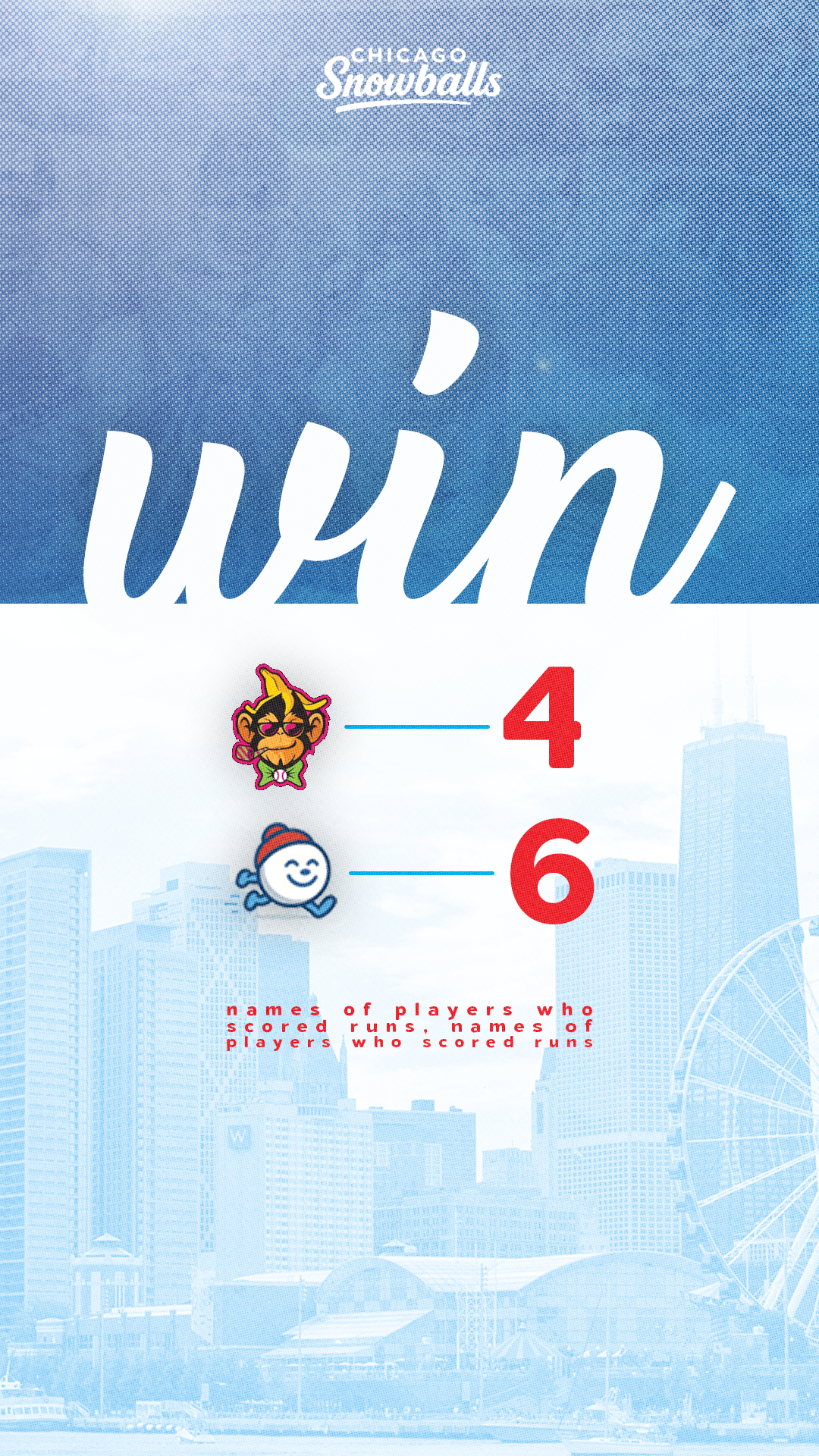 Chicago Snowballs tournament results showing player icons with scores: a girl with blonde hair and glasses scored 4, a smiling snowball character scored 6.