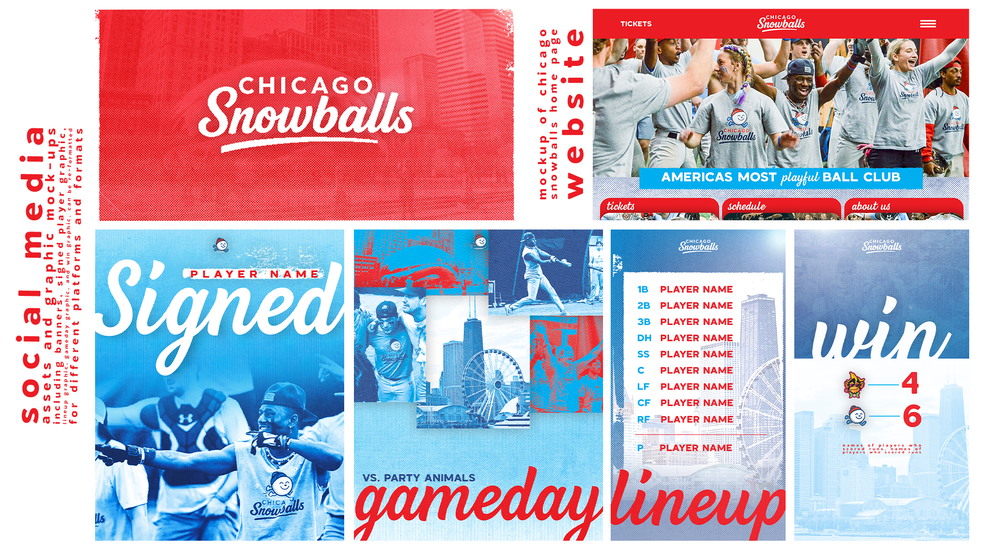 A graphic design template for the Chicago Snowballs sports team website featuring team branding, player signing section, game day lineup, and victory announcement.