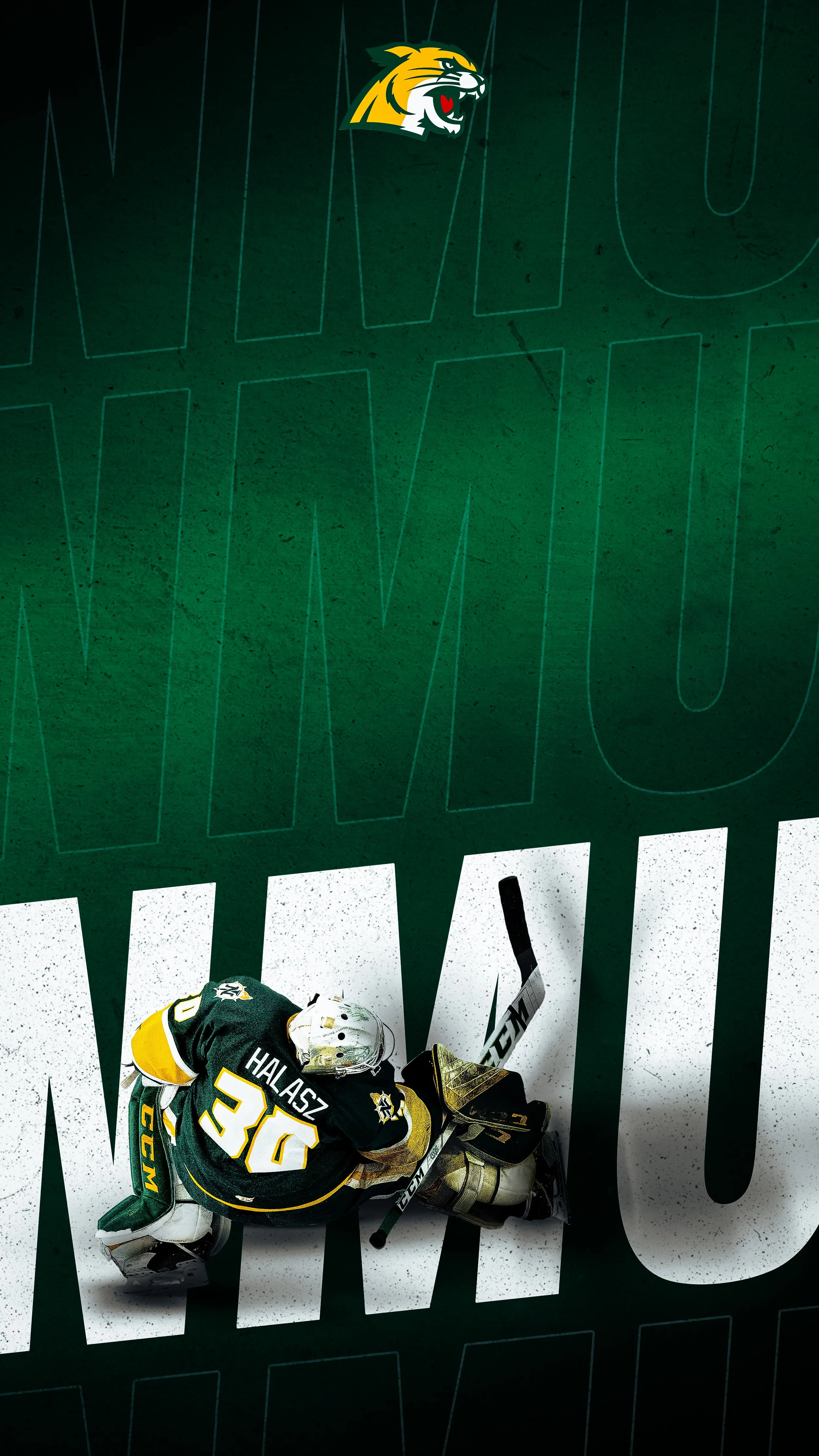 Hockey goalie in black and yellow uniform lying on ice next to the goal, with a large white and green sign and a logo of a fierce tiger in the background.