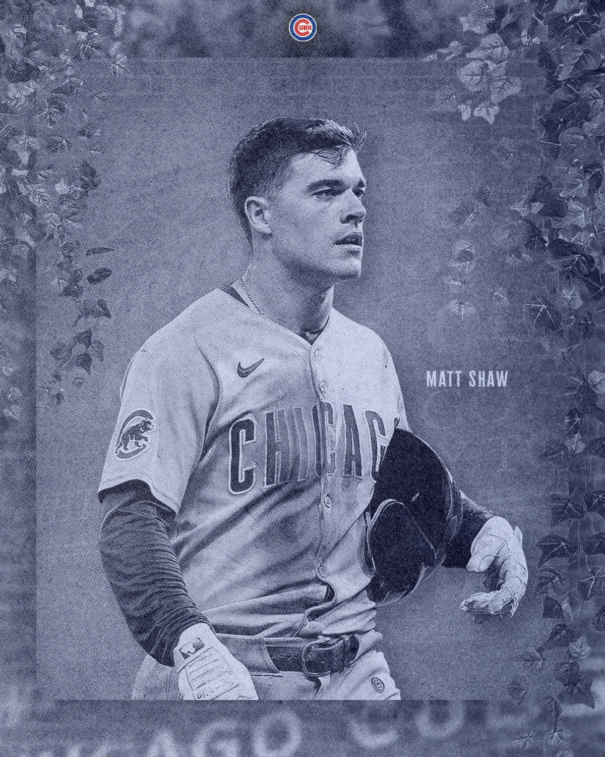 Black and white poster of baseball player Matt Shaw in Chicago Cubs uniform, holding a baseball glove, with foliage background.