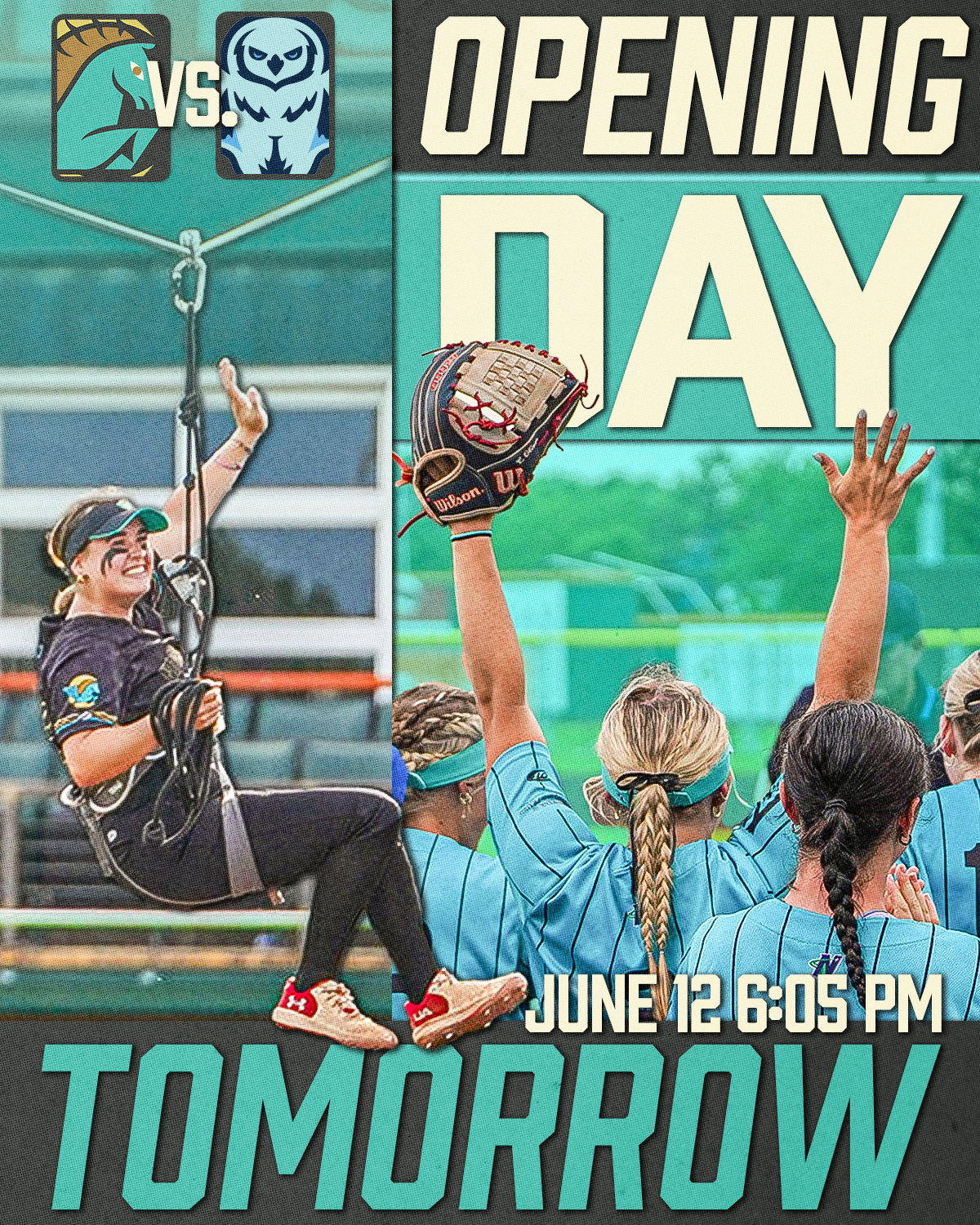 Poster advertising a softball game between two teams, with the date June 12 at 6:05 PM and the word 'Tomorrow' in large letters. It features a woman holding a harness and smiling, and a group of women in blue shirts with one raising a glove in the ai