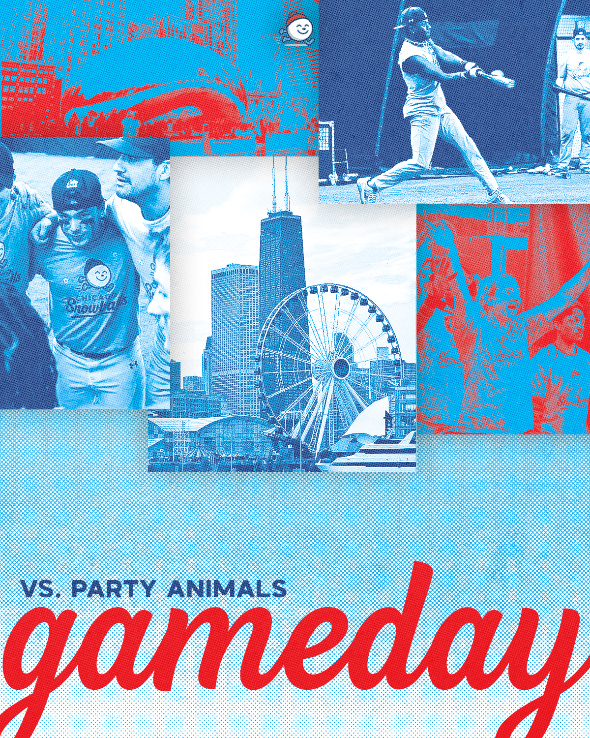 Collage of photos from Gameday event in Chicago, including two baseball players, a Ferris wheel, a city skyline with the John Hancock Center, people celebrating, and a roller coaster in the background.