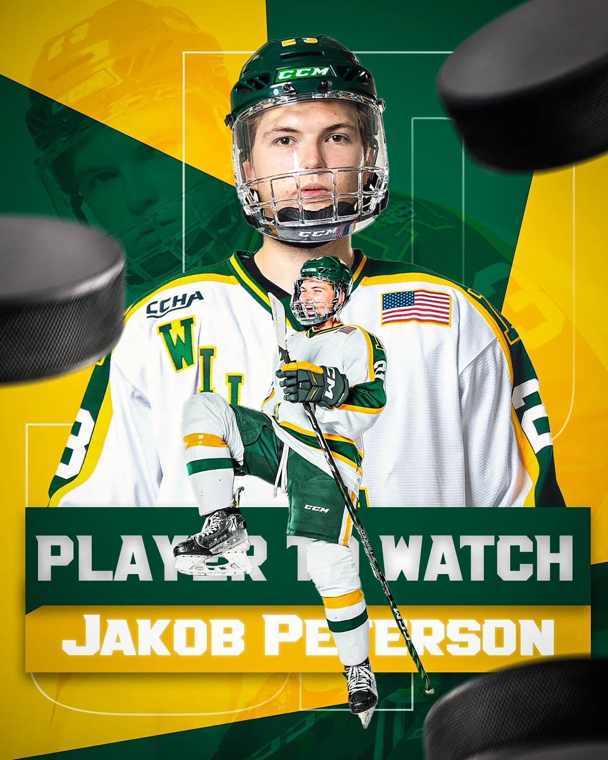 Promotional poster featuring a hockey player in uniform, with text promoting a watch of Jakob Peterson.