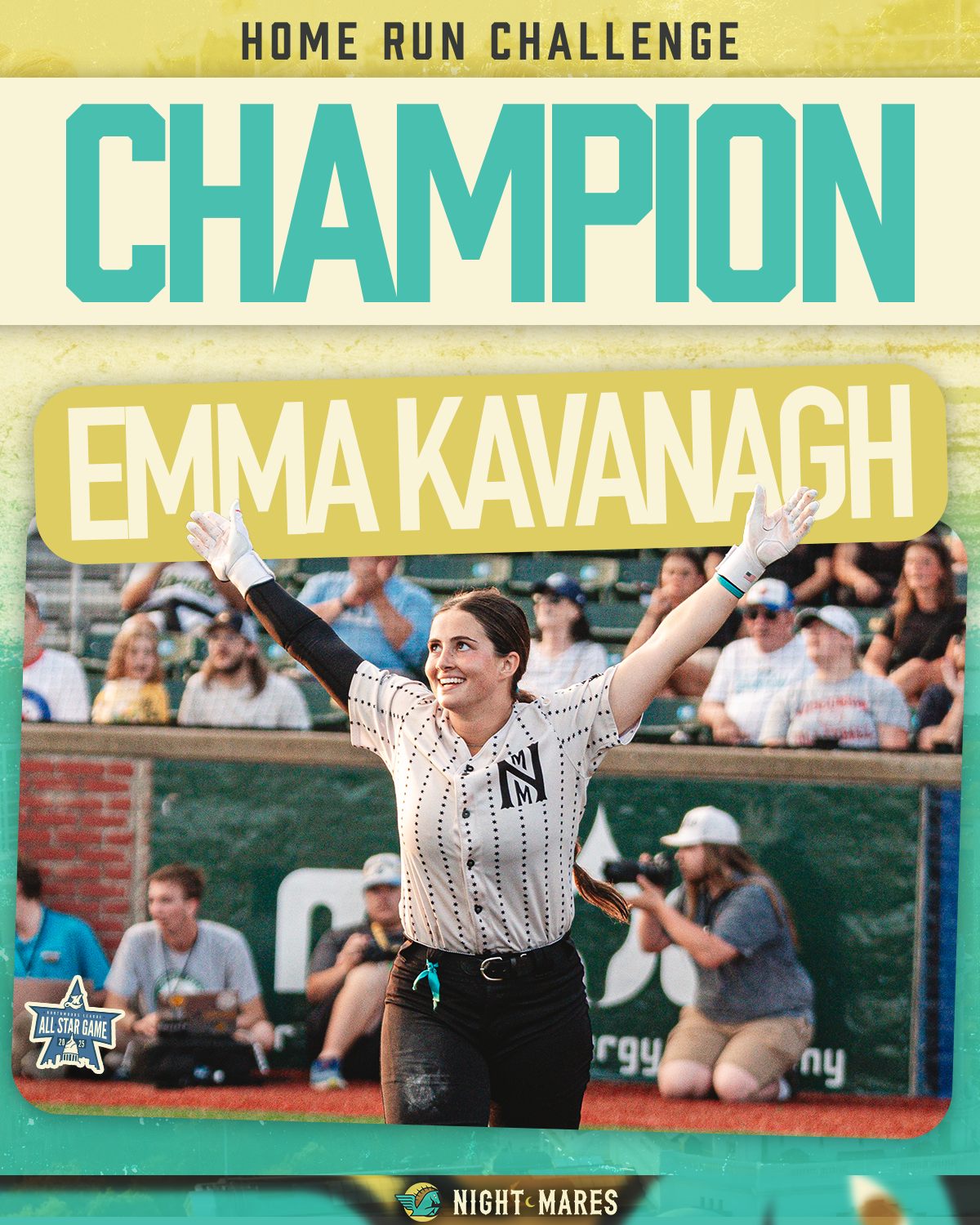 Emma Kavanagh celebrating at a home run challenge event, wearing a jegging with her arms raised, with spectators in the background.