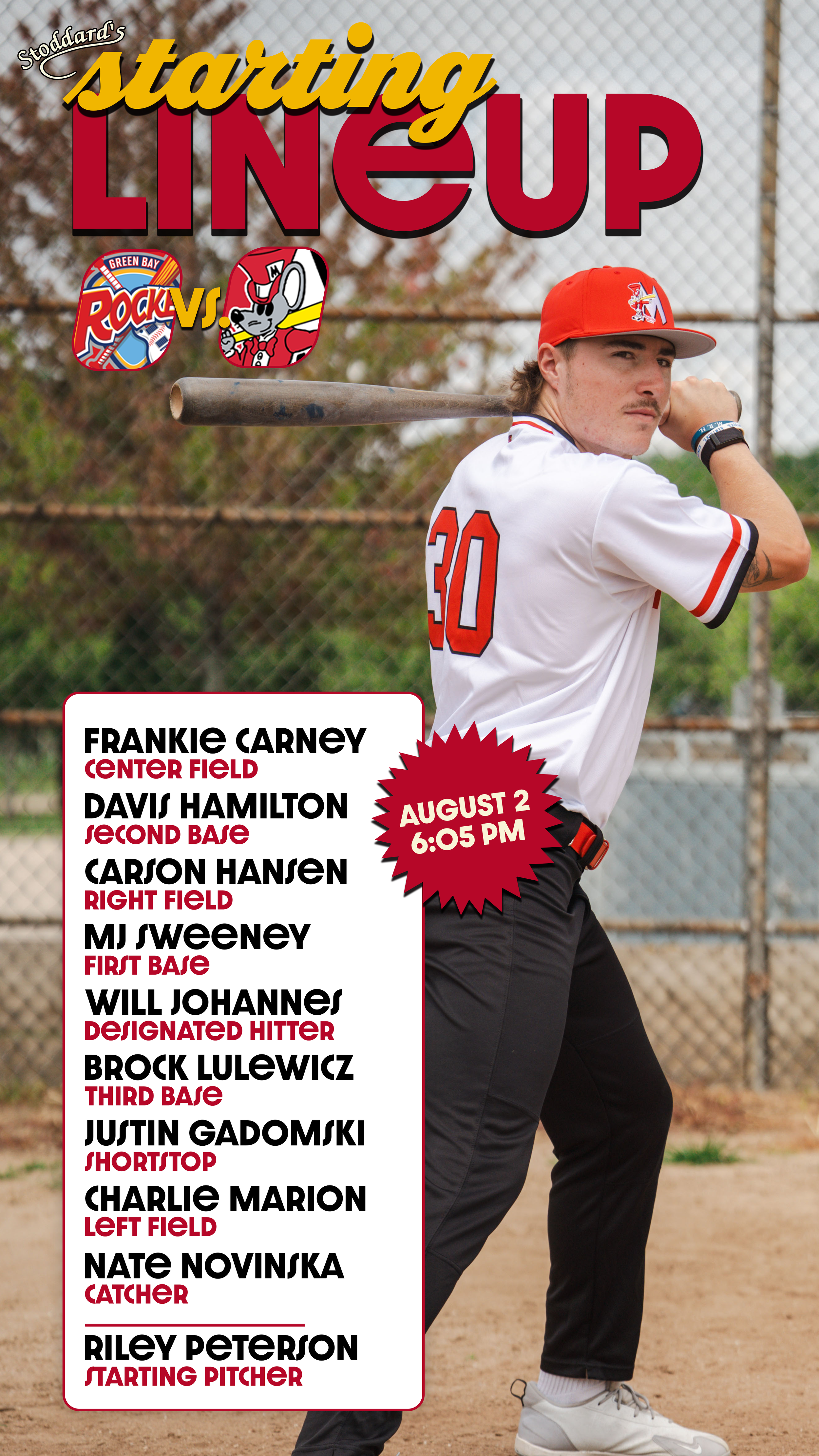 Baseball player holding bat on field, team list and game details overlay