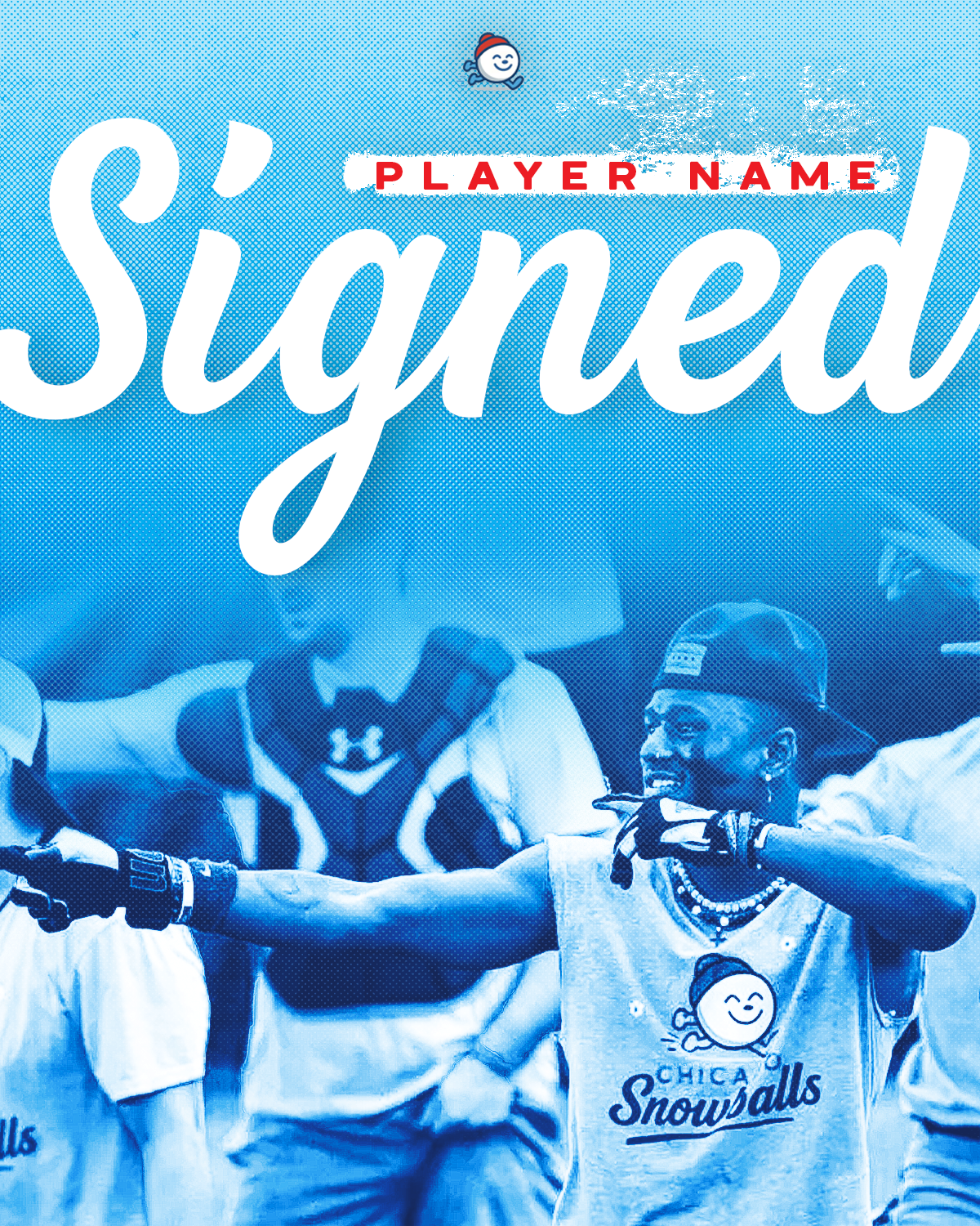 A person in a sports jersey and hat pointing and smiling, surrounded by other people, with a logo that says 'Chica Snowballs' visible on their shirt.