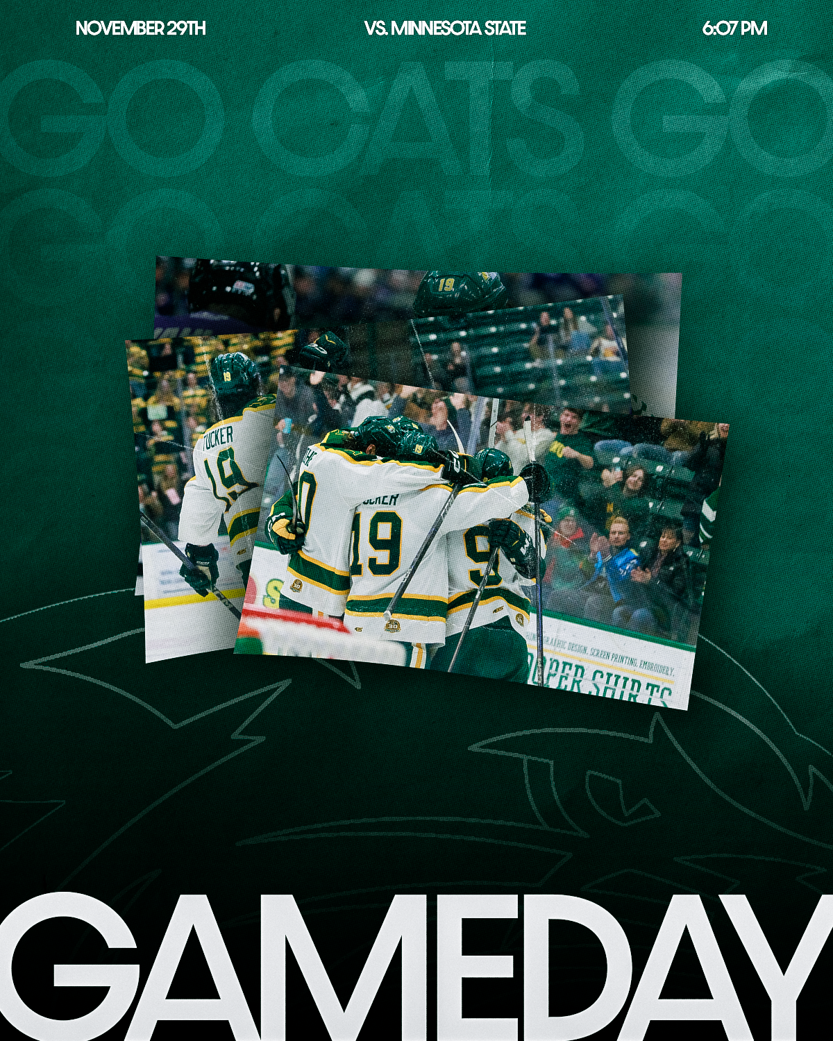 Hockey players celebrating on ice after a goal, with fans watching in the background, on a game day between November 29th and a game against Minnesota State at 6:07 PM.