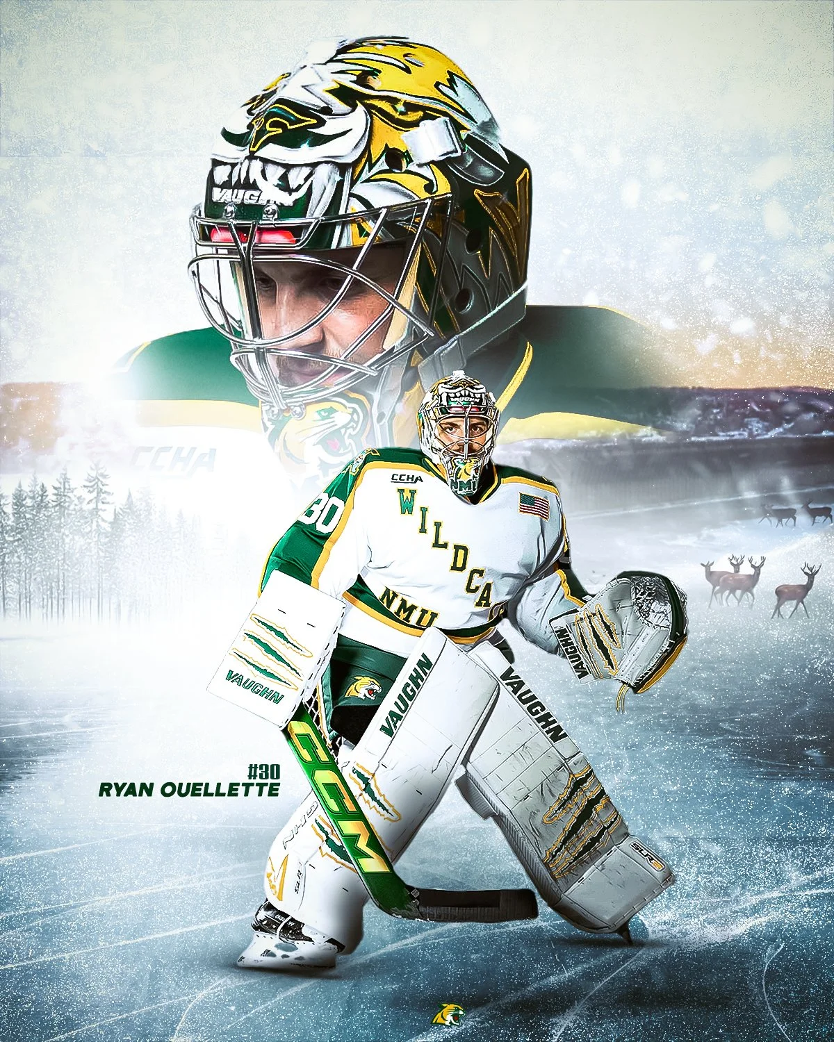 Ice hockey goalie in white, green, and yellow uniform with the words WILDCATS and NMU, wearing pads and a mask, standing on ice with a snowy landscape and moose in the background, and a large image of the same player’s face in goalie mask behind.