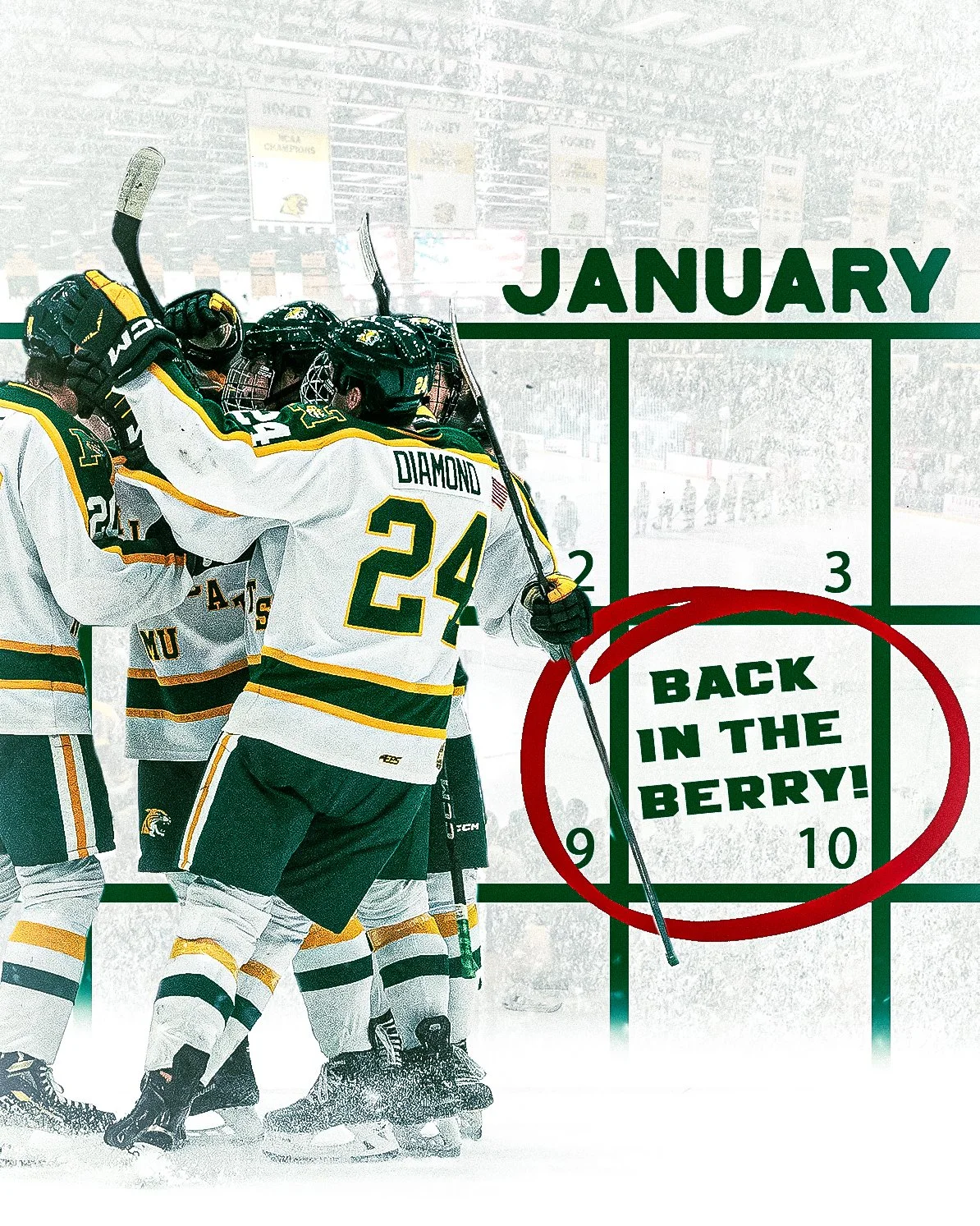 Ice hockey team celebrates goal on the ice rink, with a white scoreboard showing January and a red circle with the message 'Back in the Berry!'