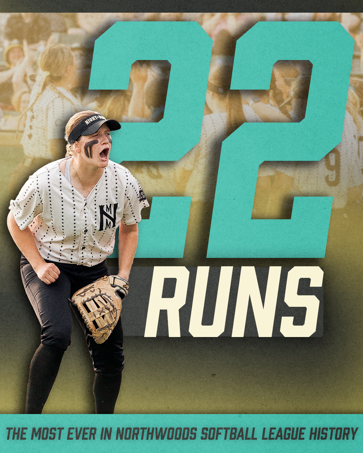 A female softball player is yelling with a glove on her left hand and black face paint, in front of a large graphic that says '22 RUNS' with a background of a blurred softball game scene. Text at the bottom reads 'The most ever in Northwoods softball