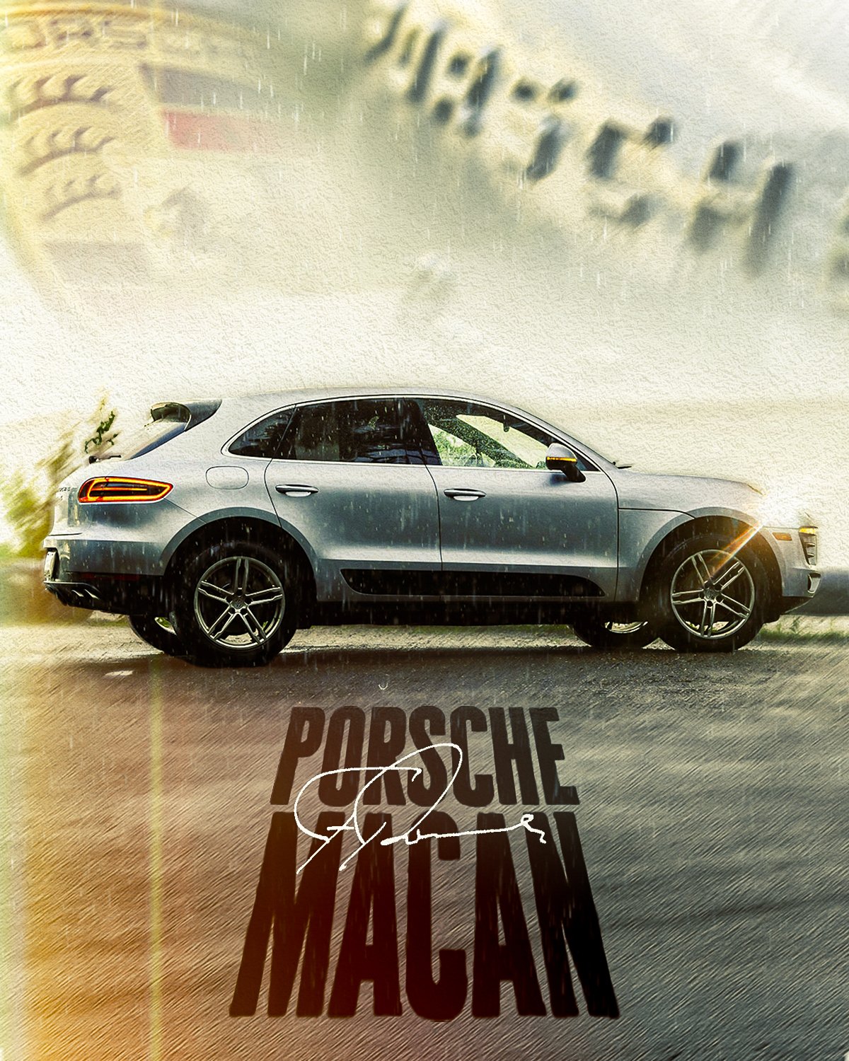 A silver Porsche Macan SUV parked with a blurred background. The words 'Porsche Macan' are visible at the bottom in large black lettering.