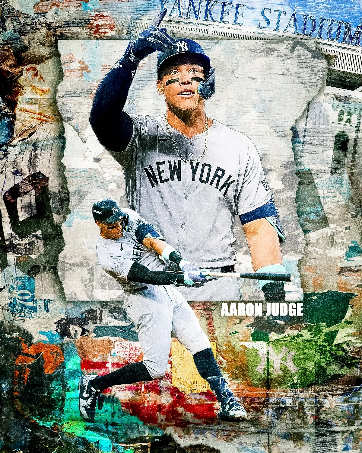 A collage featuring New York Yankees baseball player Aaron Judge, showcasing him in different action shots and a portrait. The background includes parts of New York City, with the Yankees Stadium sign visible.