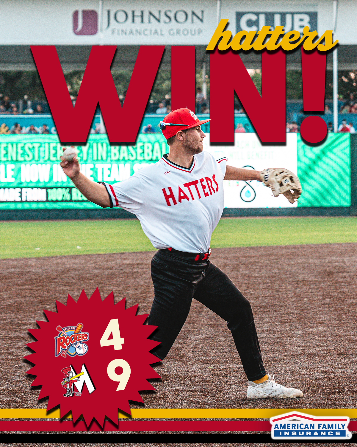 A baseball player in a white jersey with 'HATTERS' written on it, throwing a baseball during a game. The scoreboard shows 'ROCKERS 4, HATTERS 9'. The background includes advertisements and fans in the stands.