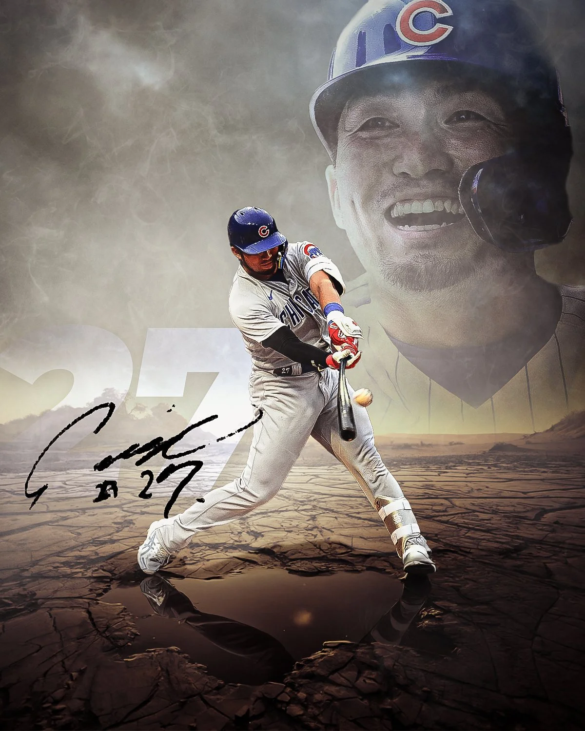 A baseball player in a Chicago Cubs uniform swinging a bat, with a cracked, dry ground and a large faded image of the player's smiling face in the background.