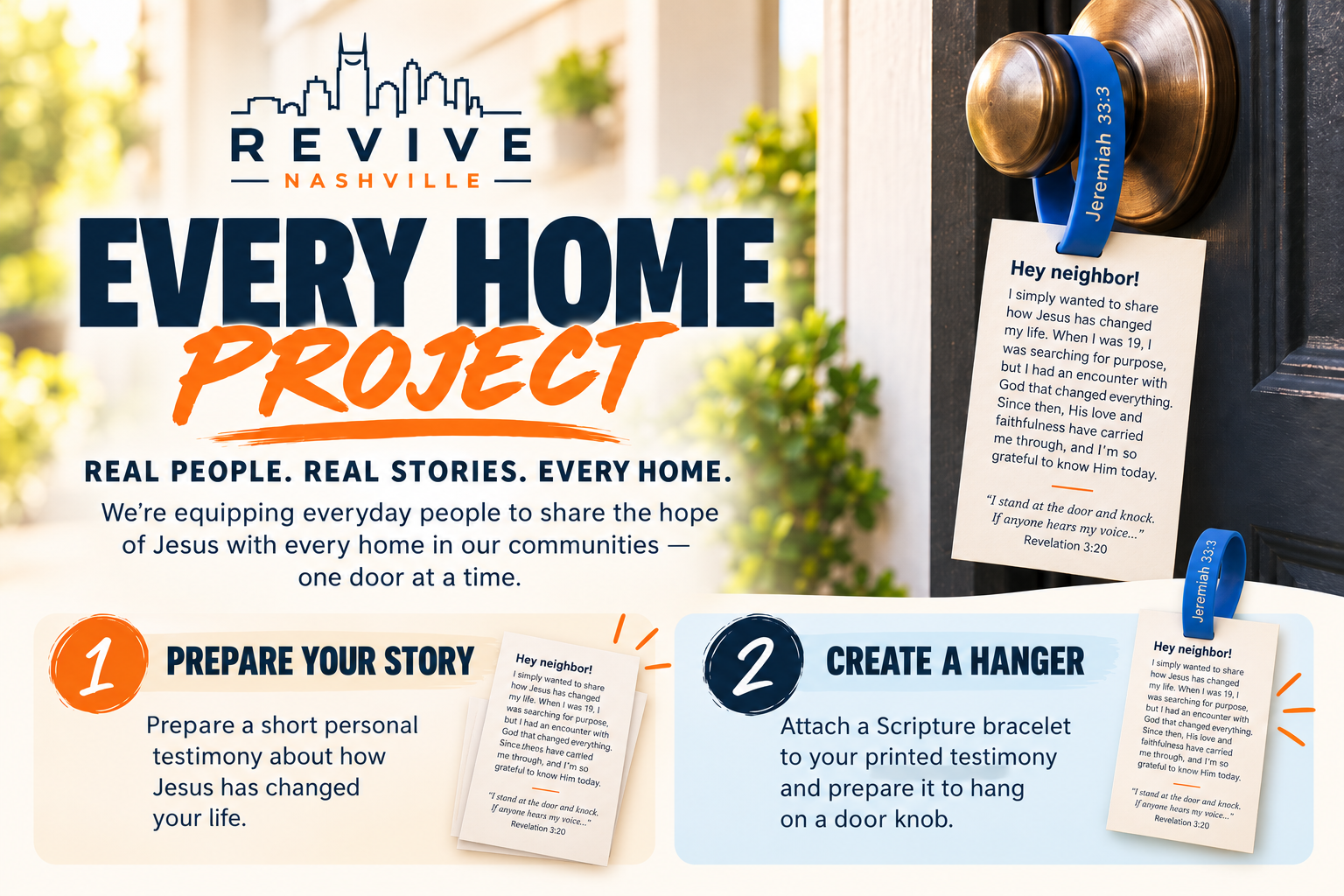 A promotional poster for a community outreach project called 'Every Home Project' by Revive Nashville. The poster features steps for sharing personal testimonies about how Jesus changed lives, including preparing stories and creating door hangers. A door hanger with a scripture quote from Revelation 3:20, a letter, and a scripture bracelet are attached to a door.