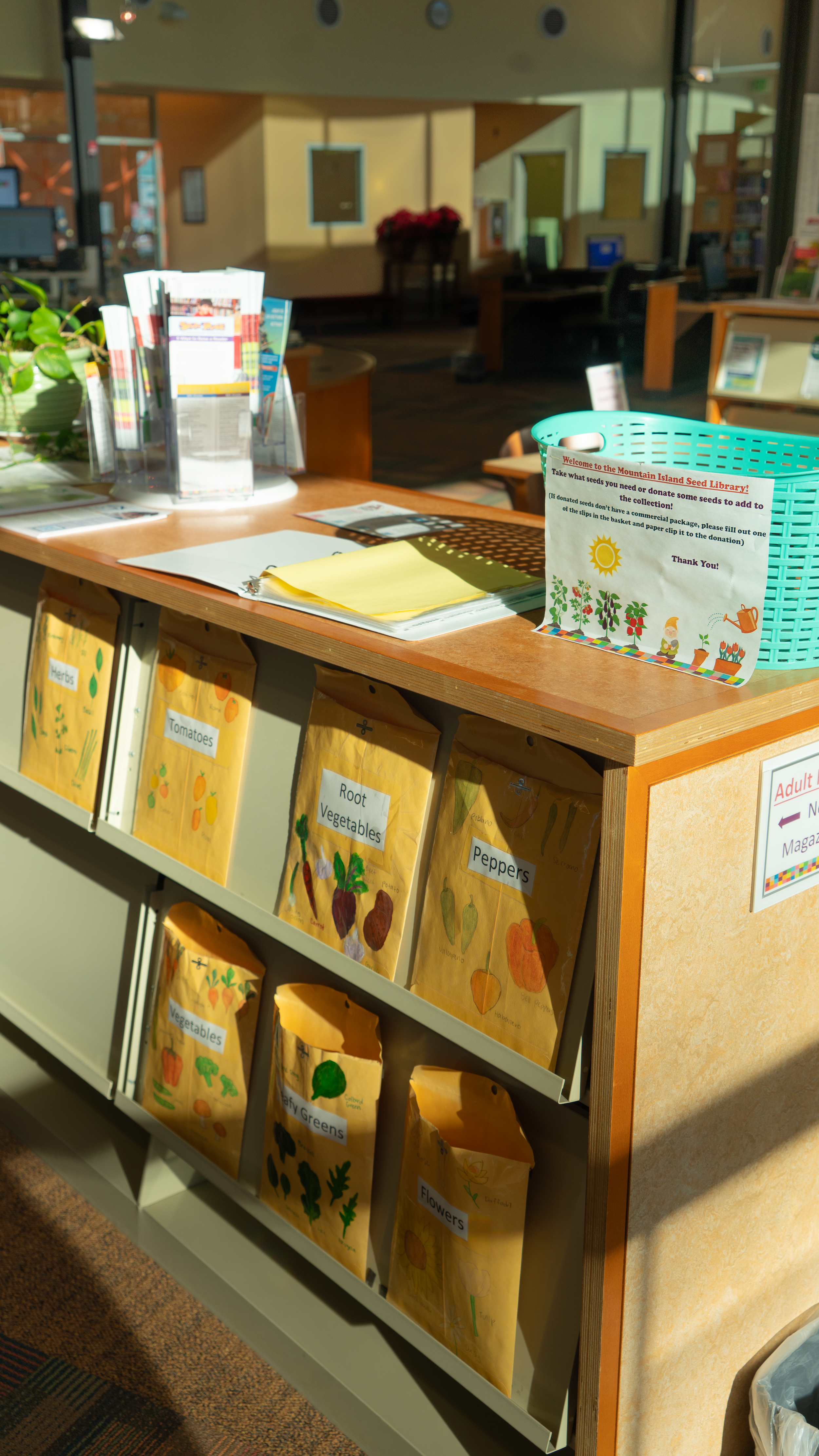 An image of a short shelf holding a seed library, which includes manila folders labeled with different kinds of vegetation.