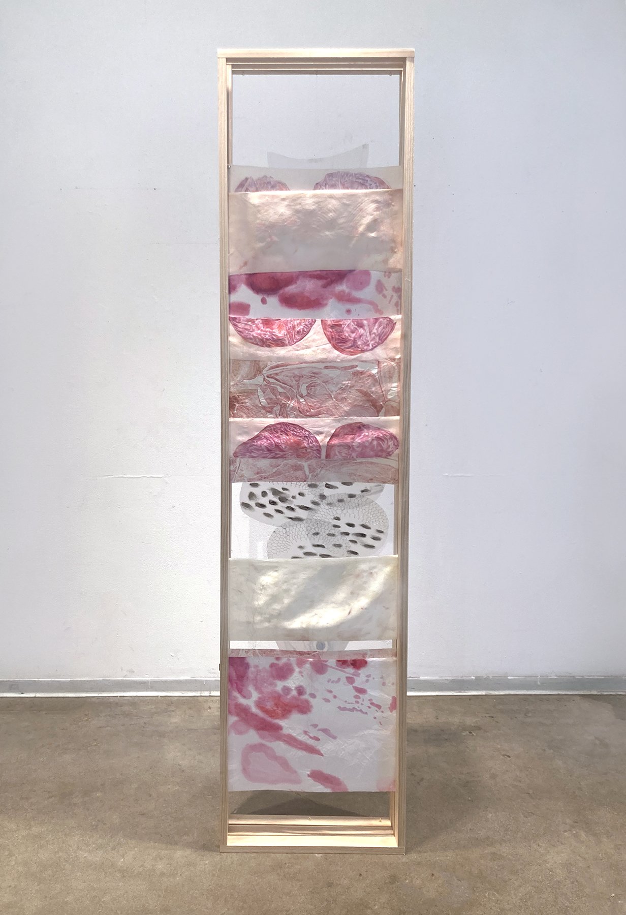 I Love Juice; Colored pencil, watercolor, pastel, silk, rice paper, tracing paper, metalic thread, hair, artist made poplar wood frame; 72'' x 32'; 2024