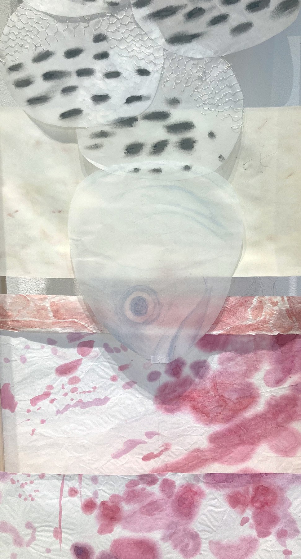I Love Juice; Colored pencil, watercolor, pastel, silk, rice paper, tracing paper, metalic thread, hair, artist made poplar wood frame; 72'' x 32'; 2024