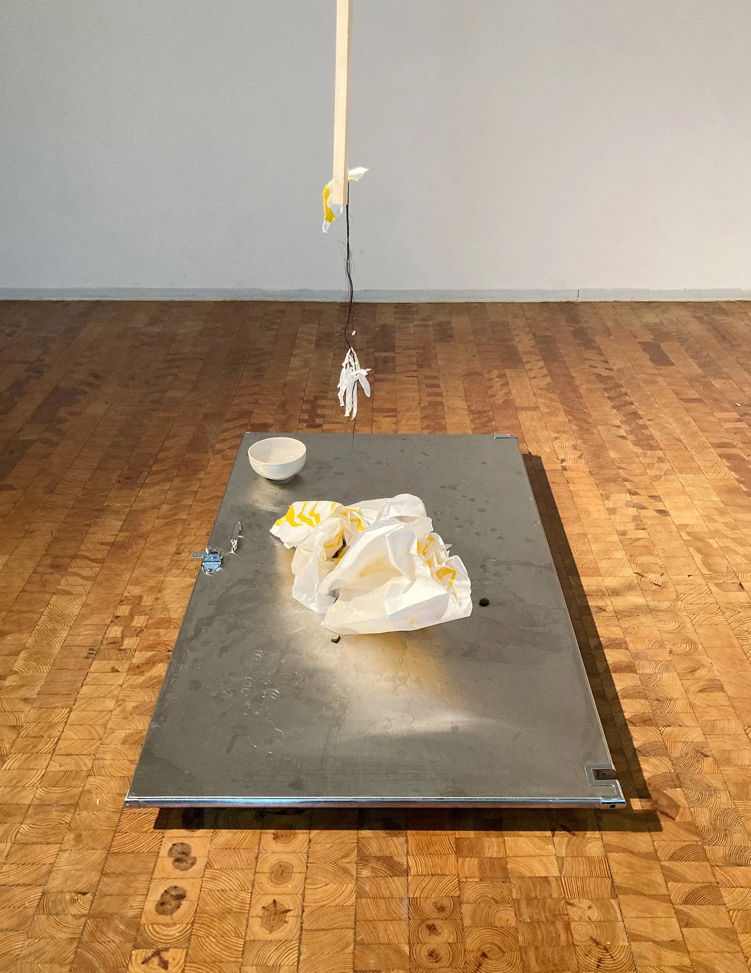 2024; Scale; Wood, stones, bathroom door, rice paper, ink, thread and water installation