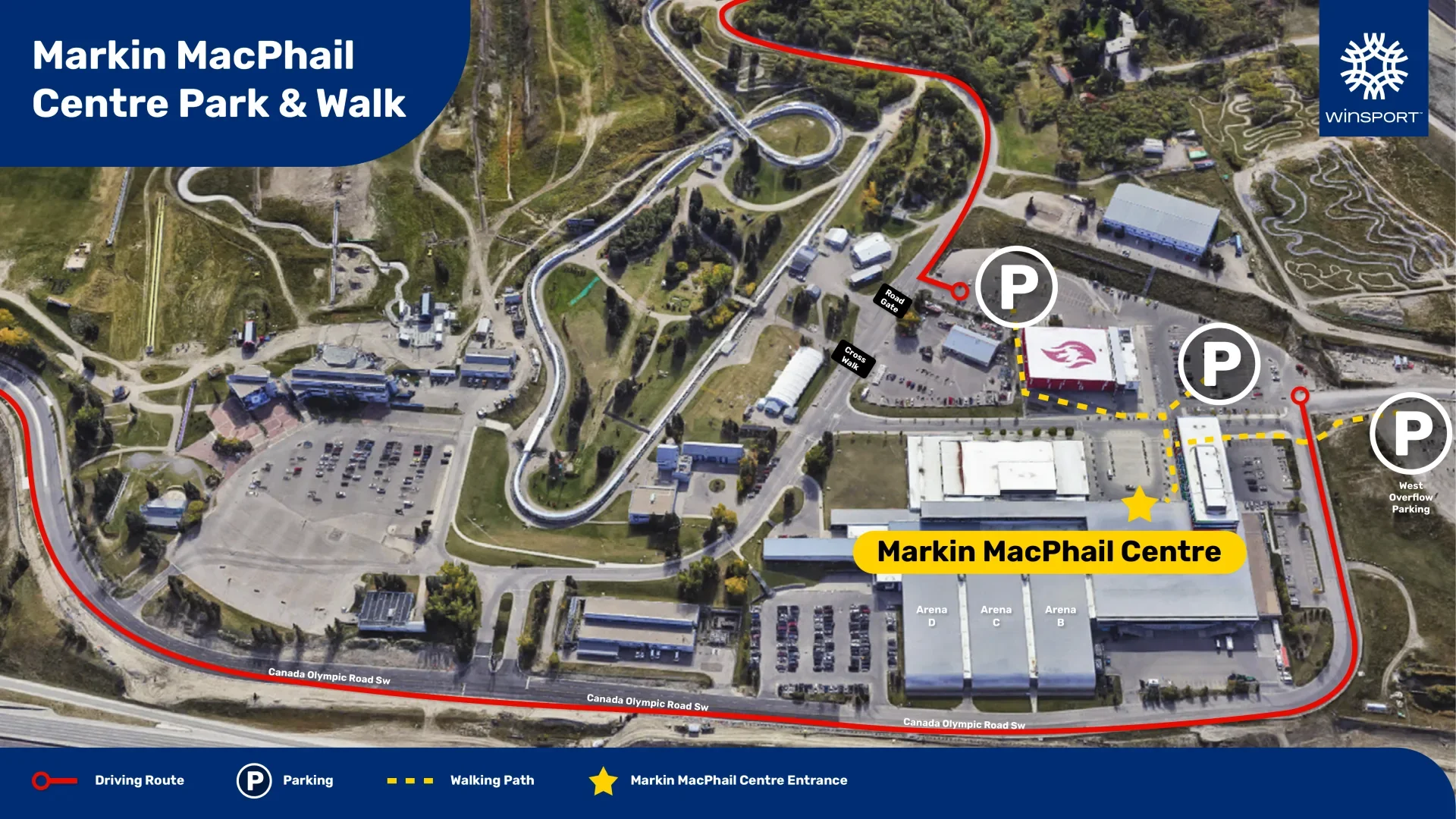 Aerial map of Markin MacPhail Centre Park & Walk, showing parking areas, driving routes marked in red, walking paths in yellow dashed lines, entrances, and the Canada Olympic Road SW surrounding the area.