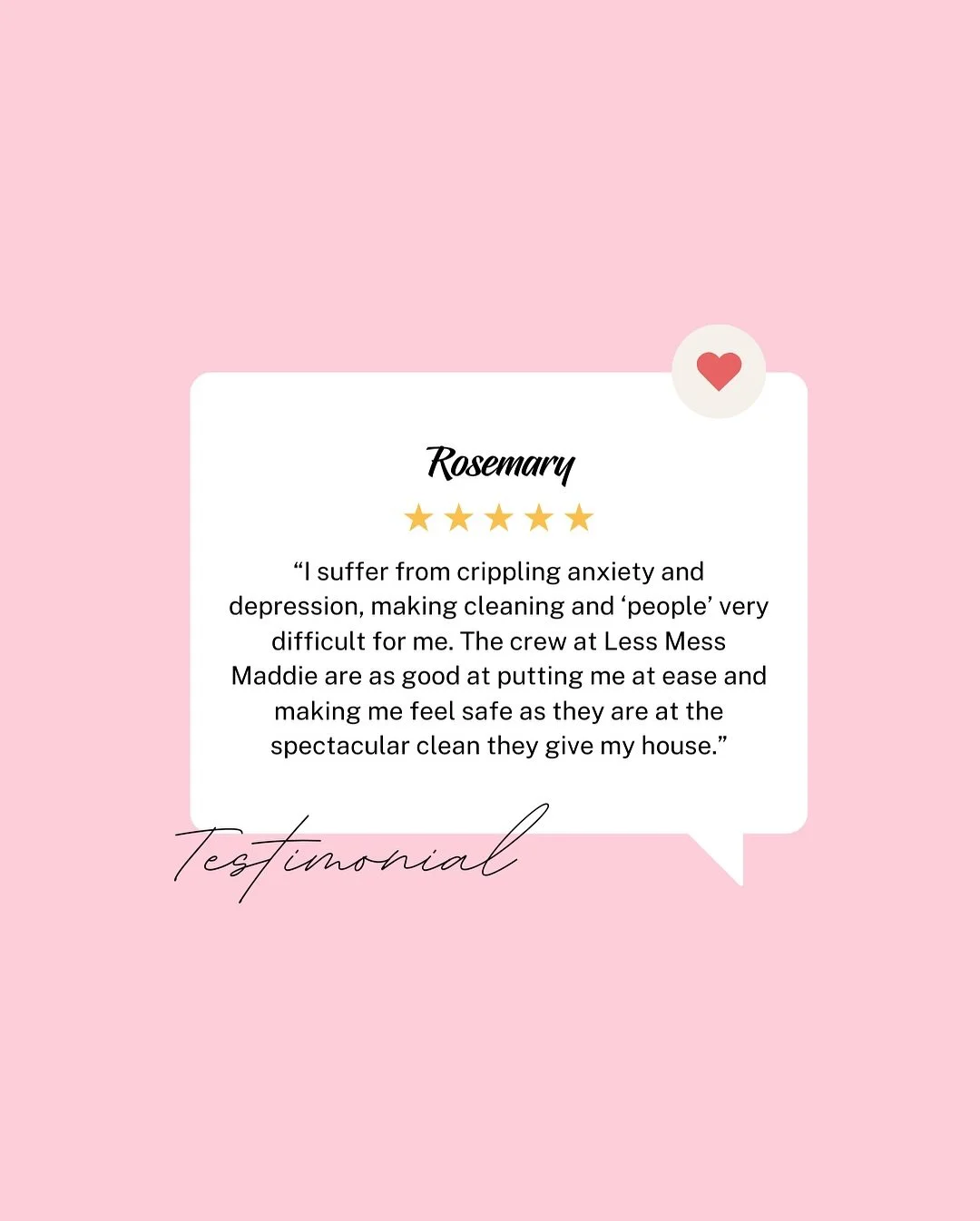 ✨ 5-Star Feedback ✨

&ldquo;I suffer from crippling anxiety and depression, making cleaning and &lsquo;people&rsquo; very difficult for me. The crew at Less Mess Maddie are as good at putting me at ease and making me feel safe as they are at the spec