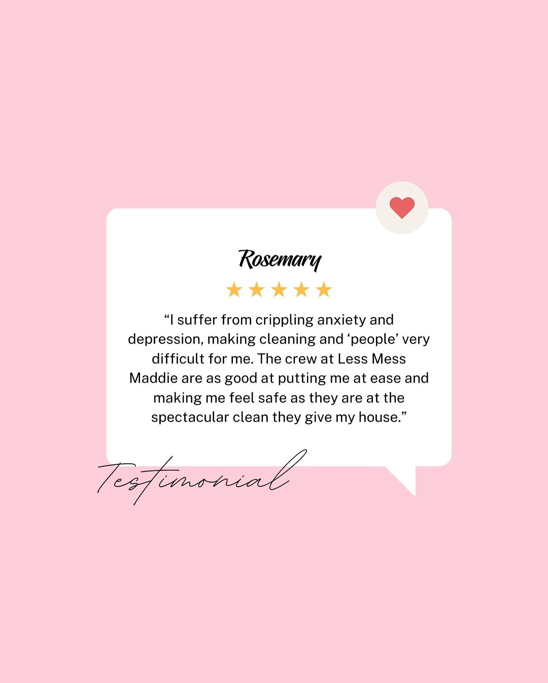 ✨ 5-Star Feedback ✨

&ldquo;I suffer from crippling anxiety and depression, making cleaning and &lsquo;people&rsquo; very difficult for me. The crew at Less Mess Maddie are as good at putting me at ease and making me feel safe as they are at the spec