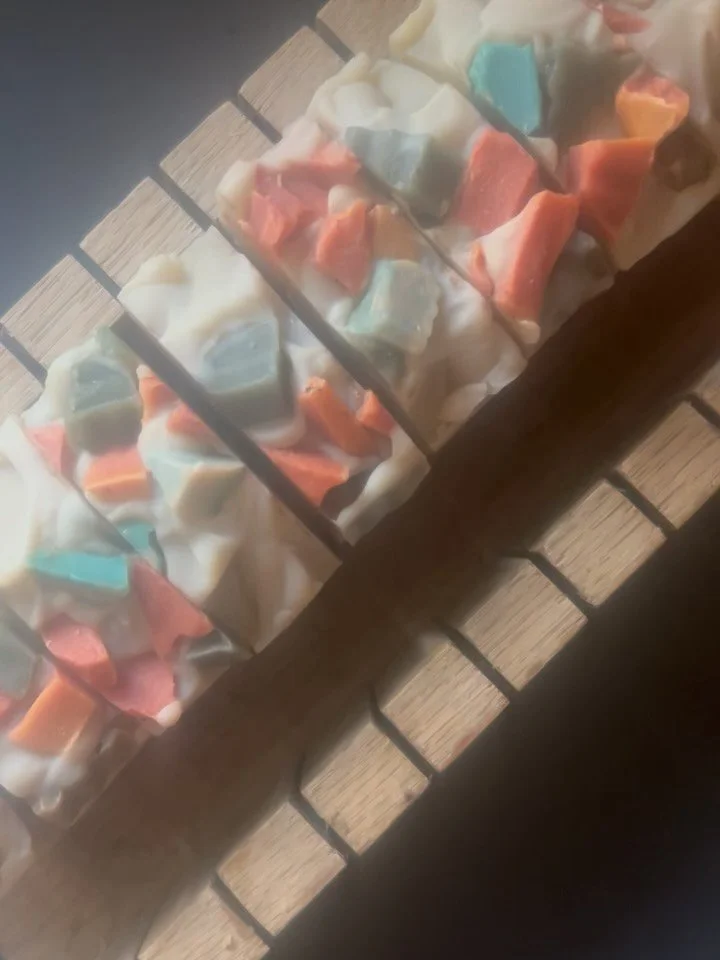 Here&rsquo;s the cut from the soap I made last week using some soap scraps. What do you think? Be honest😁 

I should have tapped the batter down better; there are a few pukas. But I can fill them in. 

I have no clue what to call it. Any suggestions